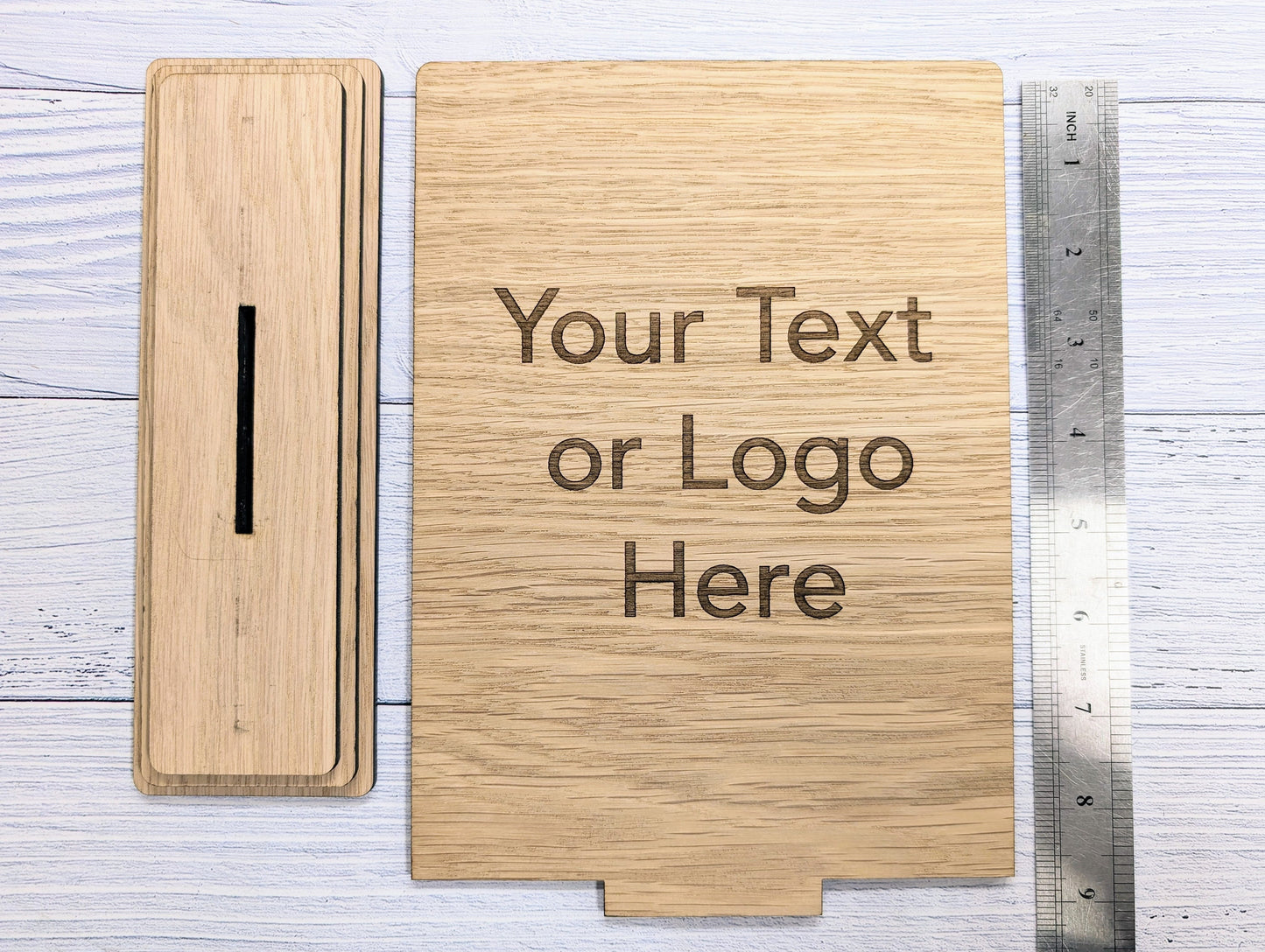 XL Personalised Wooden Table Signs - Custom Text & Logo, Freestanding with Removable Base