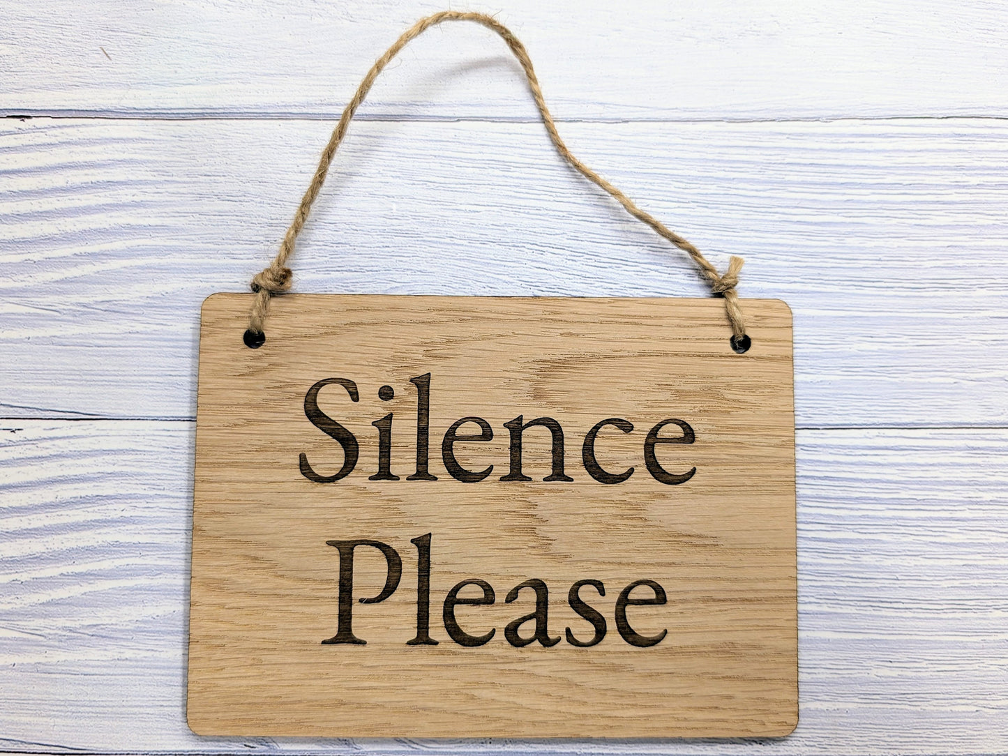 Silence Please - Personalised Wooden Sign - Custom Quiet Area Decor for Libraries, Spas, Study Rooms, Homes, Oak Veneer, Hanging Wall Art