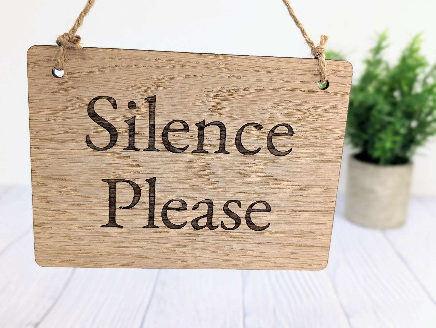 Silence Please - Personalised Wooden Sign - Custom Quiet Area Decor for Libraries, Spas, Study Rooms, Homes, Oak Veneer, Hanging Wall Art