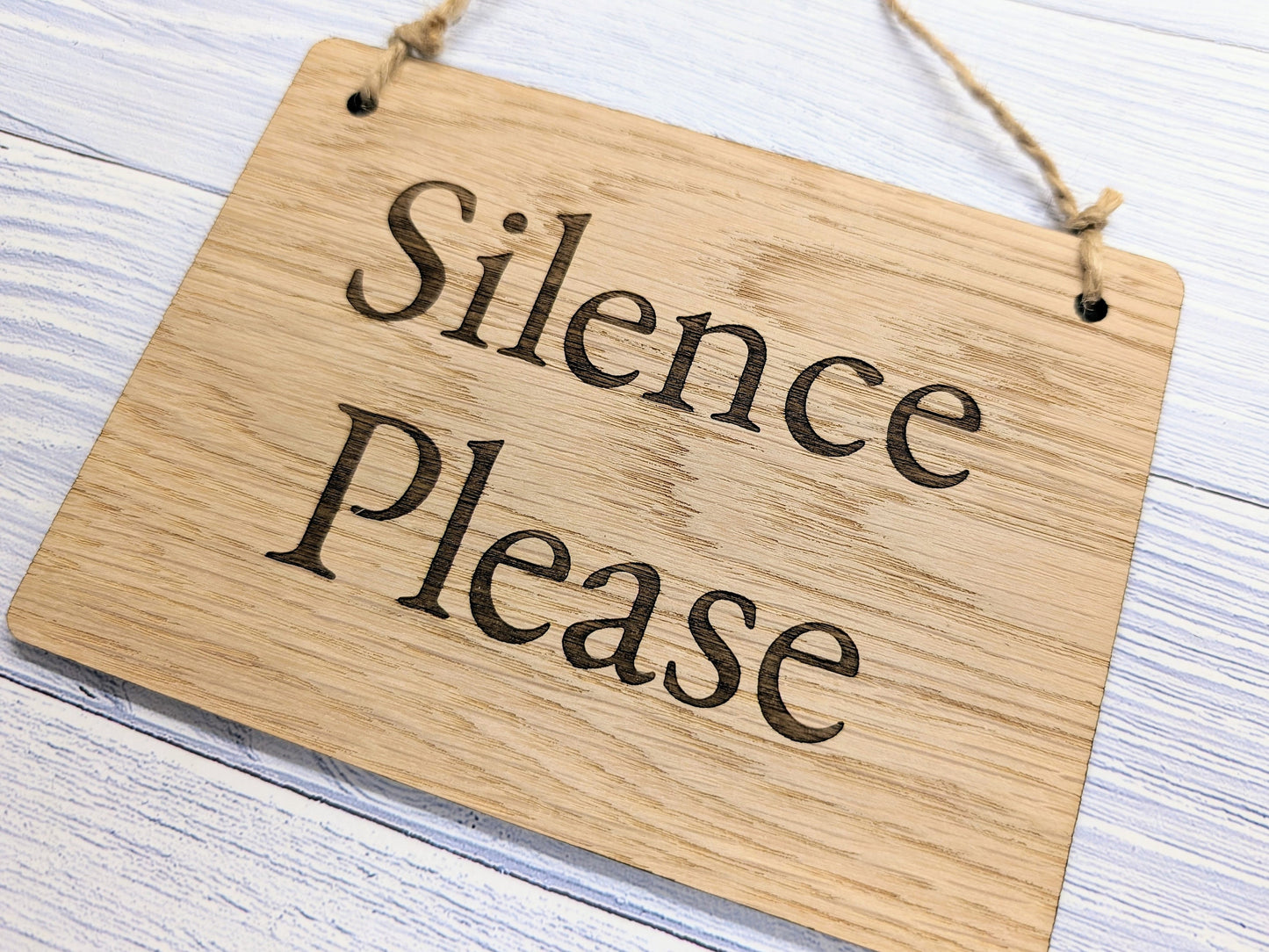 Silence Please - Personalised Wooden Sign - Custom Quiet Area Decor for Libraries, Spas, Study Rooms, Homes, Oak Veneer, Hanging Wall Art