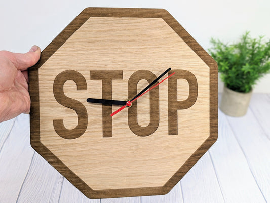 Wooden Octagonal Stop Sign Wall Clock, Urban Chic Home Office Decor, Handmade Unique Timepiece | Quirky Wood Wall Idea | Fun Home Office