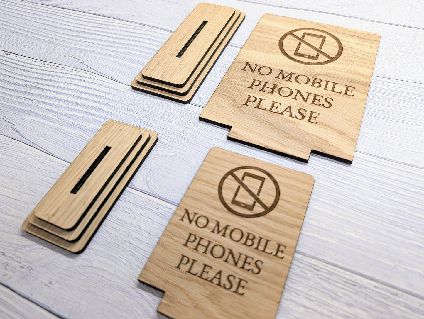 Freestanding "No Mobile Phones Please" Wooden Table Sign, Oak Finish, Ideal for Cafes, Restaurants & Public Spaces etc, 2 Sizes, Signage