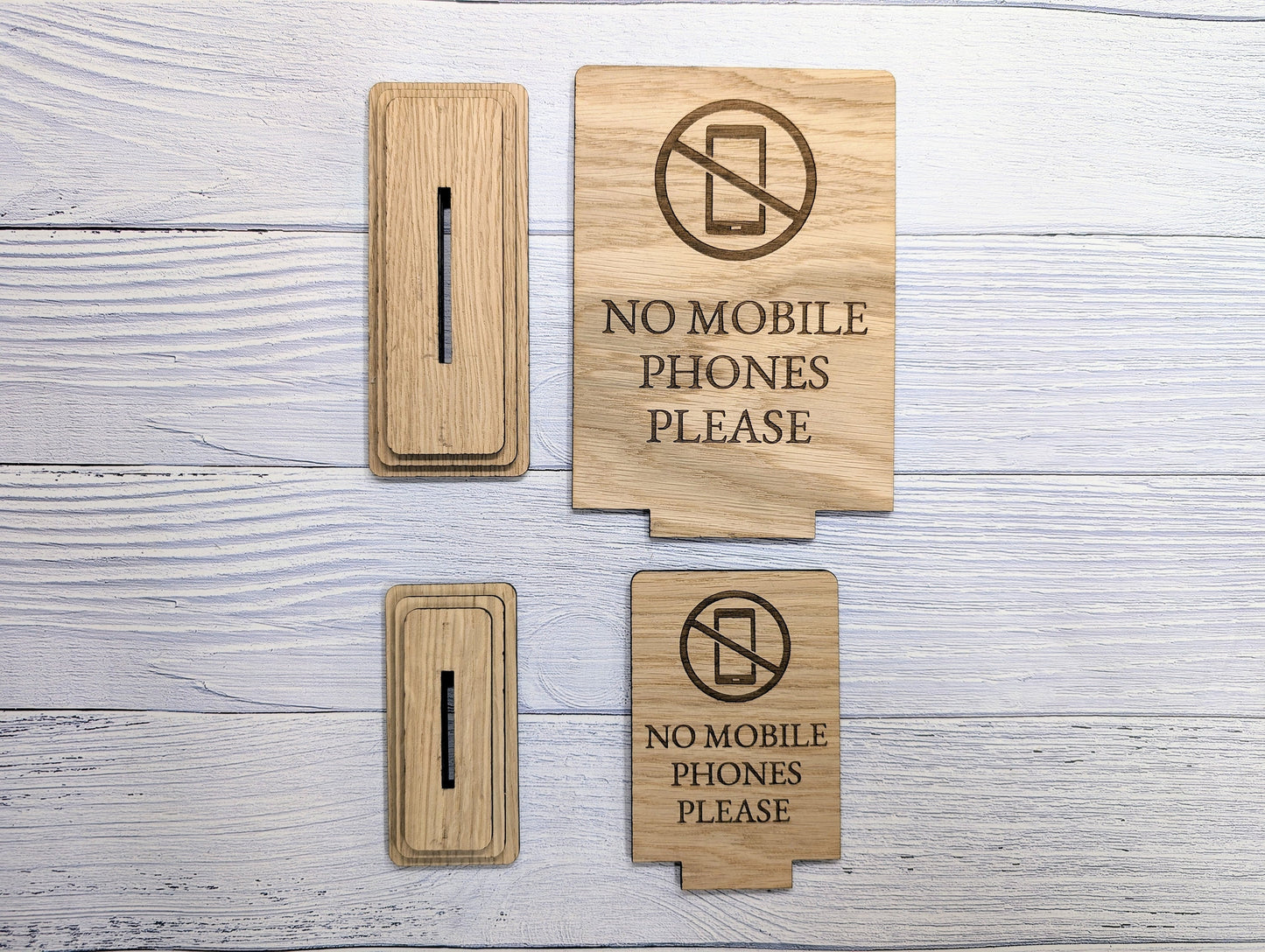 Freestanding "No Mobile Phones Please" Wooden Table Sign, Oak Finish, Ideal for Cafes, Restaurants & Public Spaces etc, 2 Sizes, Signage