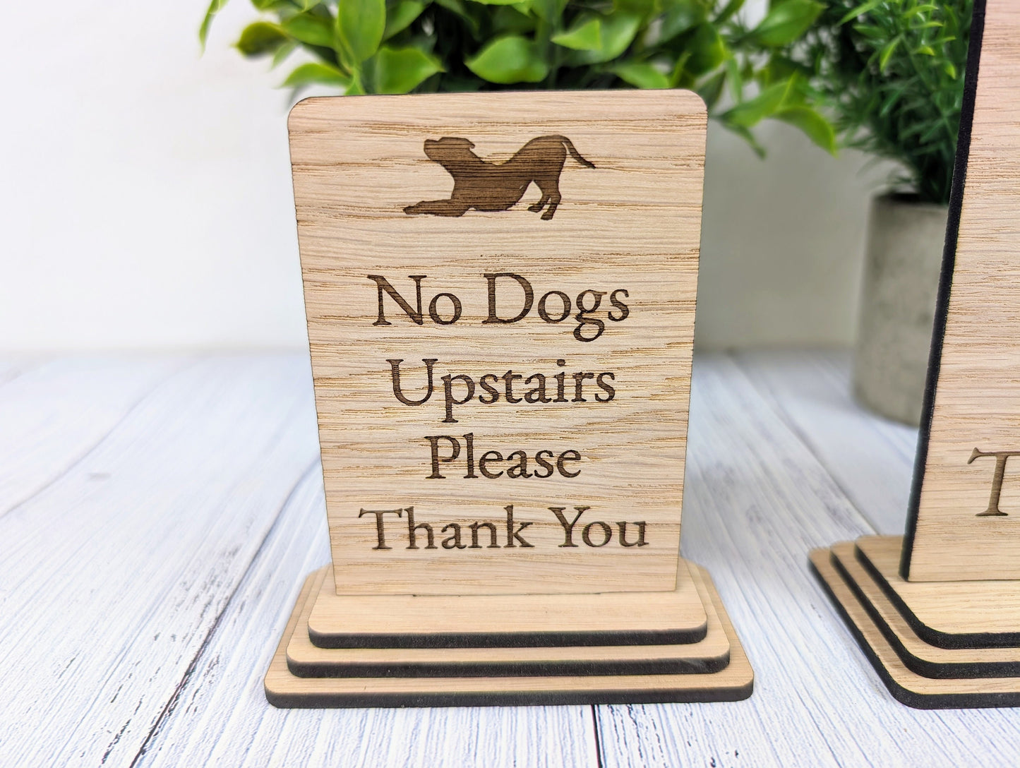 Freestanding "No Dogs Upstairs Please" Wooden Table Sign, Oak Finish, Ideal for Homes, AirBnBs & Rental Properties etc, 2 Sizes