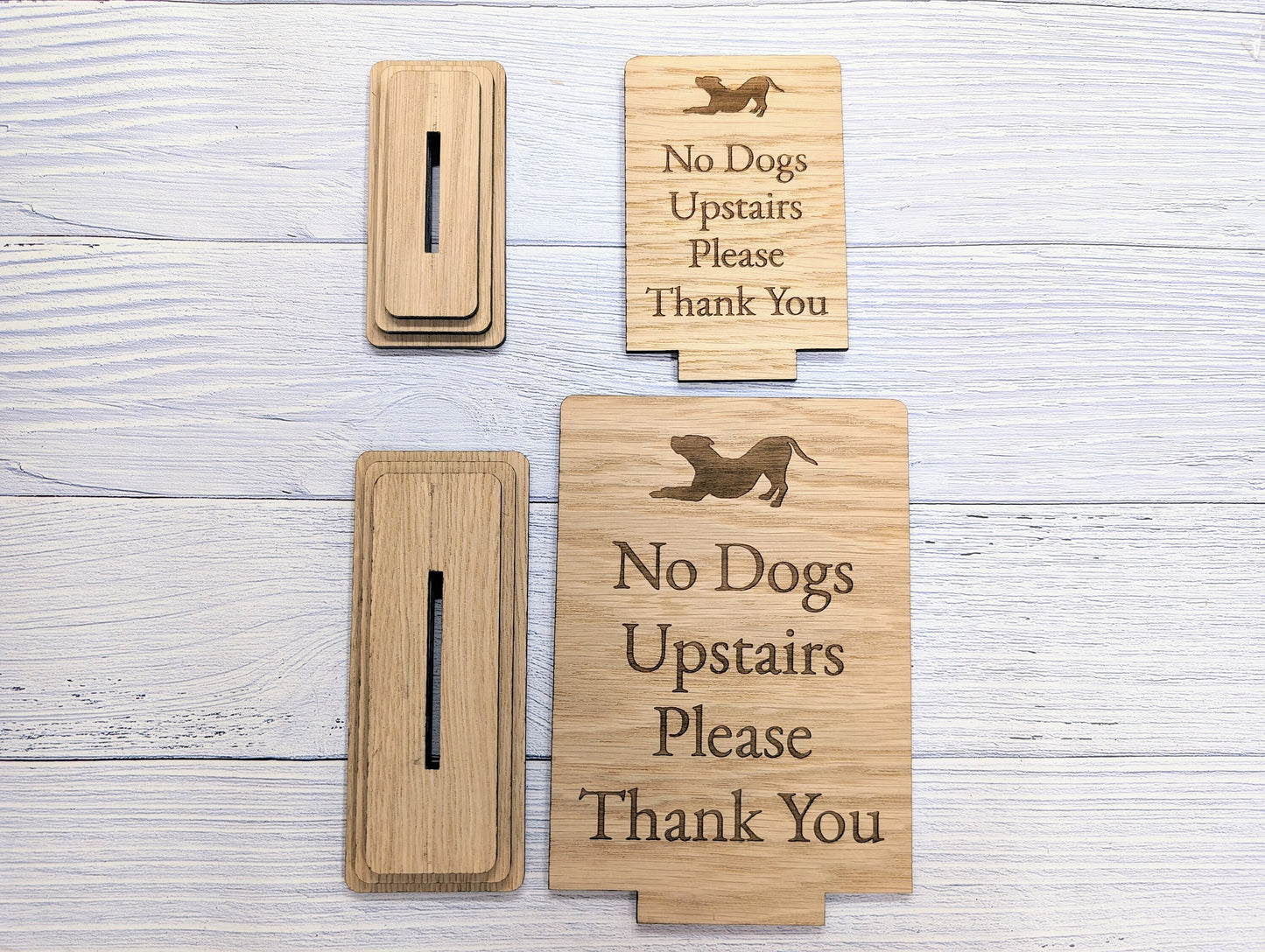 Freestanding "No Dogs Upstairs Please" Wooden Table Sign, Oak Finish, Ideal for Homes, AirBnBs & Rental Properties etc, 2 Sizes