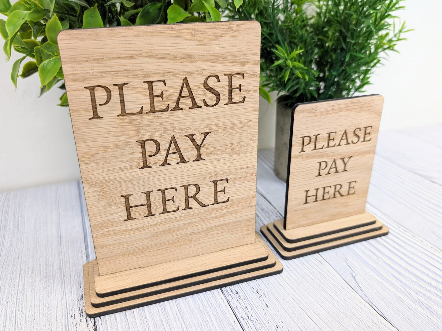 Wooden Freestanding Table Sign 'Please Pay Here' - Perfect for Shops, Cafés, Markets – Available in Two Sizes" Removable Base