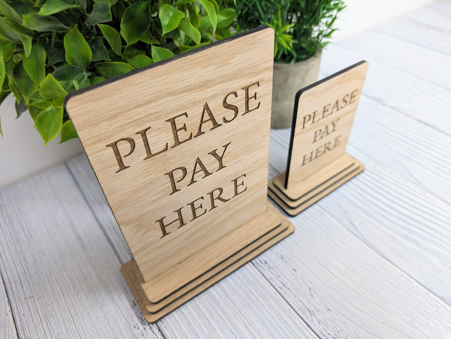 Wooden Freestanding Table Sign 'Please Pay Here' - Perfect for Shops, Cafés, Markets – Available in Two Sizes" Removable Base