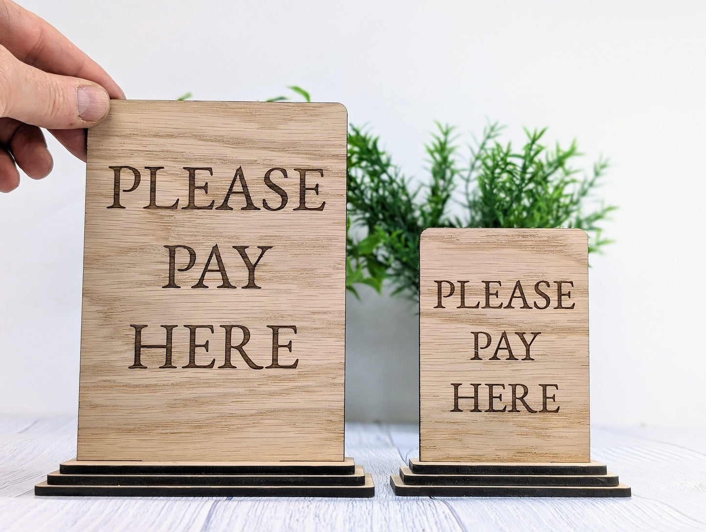 Wooden Freestanding Table Sign 'Please Pay Here' - Perfect for Shops, Cafés, Markets – Available in Two Sizes" Removable Base