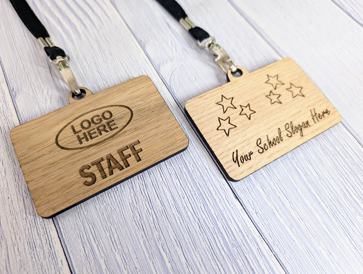 School Staff Badges with Lanyards, Personalised Slogan Oak Veneer Badges on Eco Lanyards