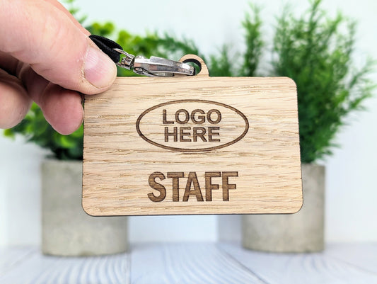 School Staff Badges with Lanyards, Personalised Slogan Oak Veneer Badges on Eco Lanyards