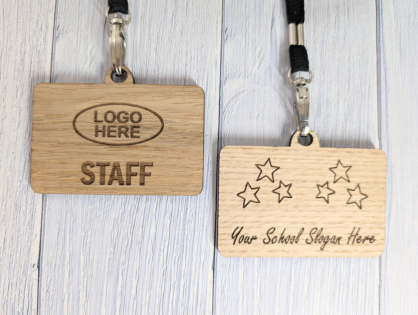 School Staff Badges with Lanyards, Personalised Slogan Oak Veneer Badges on Eco Lanyards