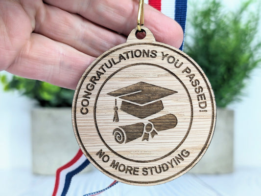 Passed Your Exams - No More Studying Wooden Medal | Graduation Hat & Certificate Design | Personalised Student Gift