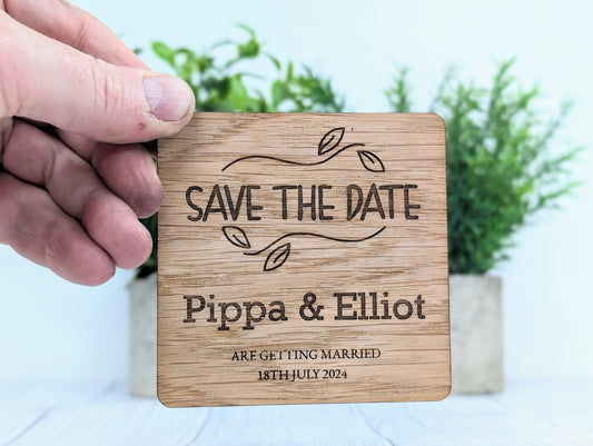 Personalised 'Save The Date' Wooden Coasters - Custom with Names & Date, 90mm x 90mm, Unique Oak Veneer Wedding Favours