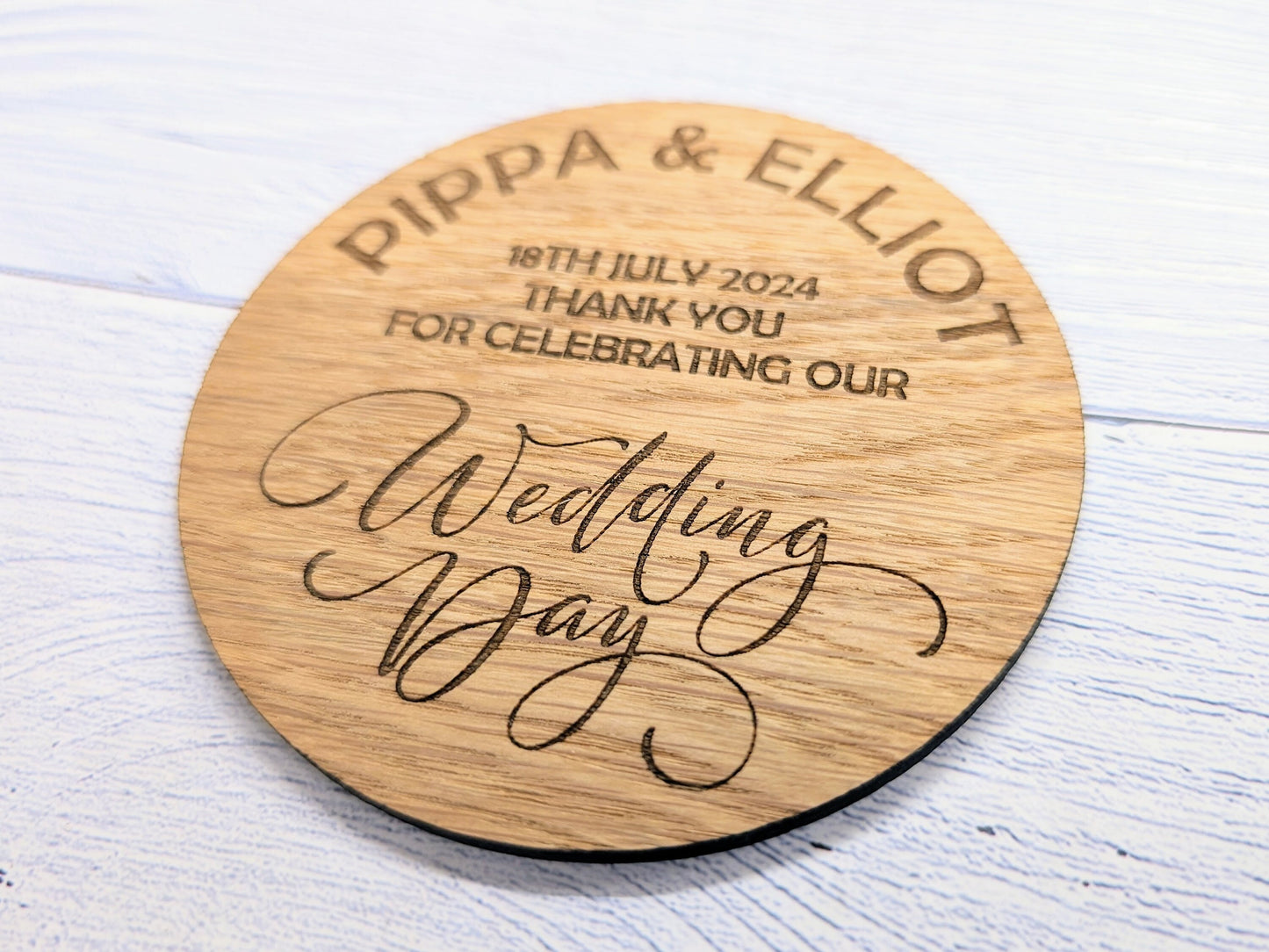 Personalised Wedding Day Oak Veneered Coasters - Round, 100mm Diameter, with Custom Names & Date - Unique Wedding Favours