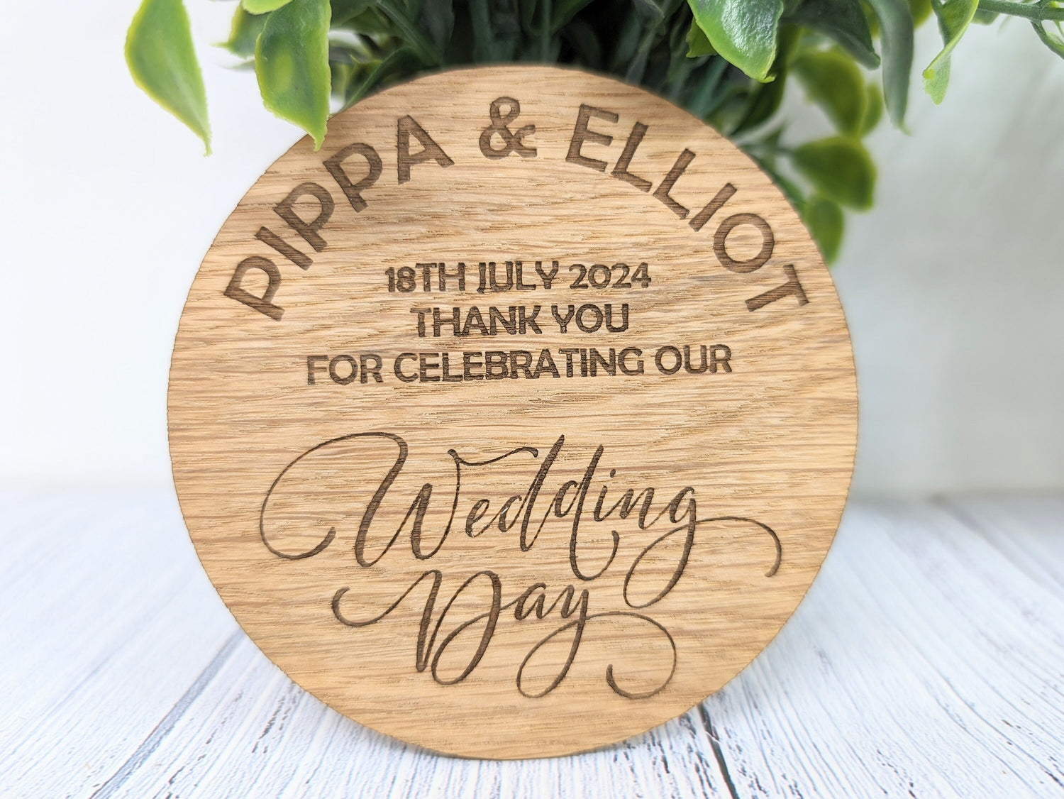 Personalised wedding day oak coasters — round 100mm, names and date