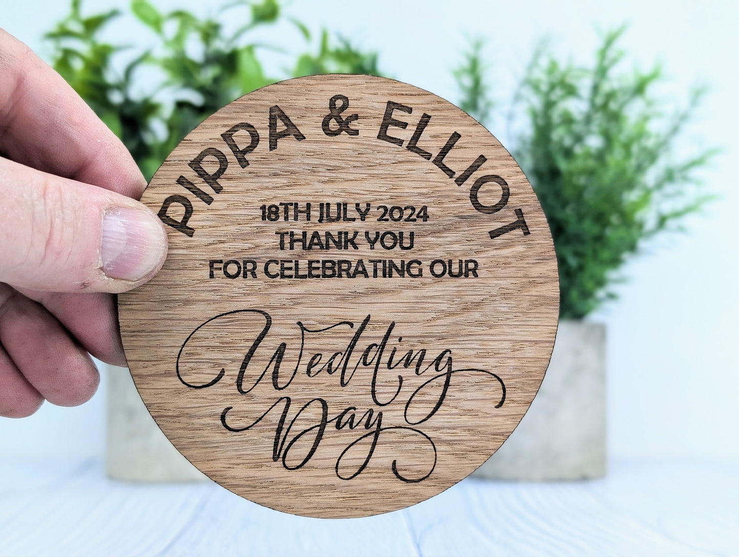 Personalised Wedding Day Oak Veneered Coasters - Round, 100mm Diameter, with Custom Names & Date - Unique Wedding Favours