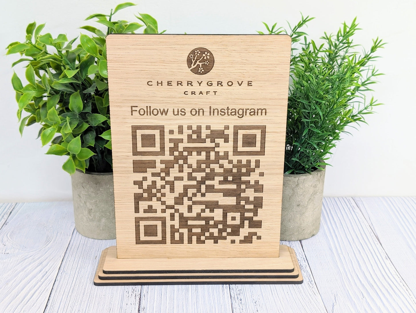 QR Code 'Follow Us on Instagram' Custom XL Wooden Table Sign, Personalised Logo & Social Media Link, Eco-Friendly, Business Use, Extra Large