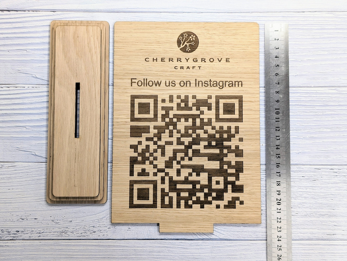 QR Code 'Follow Us on Instagram' Custom XL Wooden Table Sign, Personalised Logo & Social Media Link, Eco-Friendly, Business Use, Extra Large