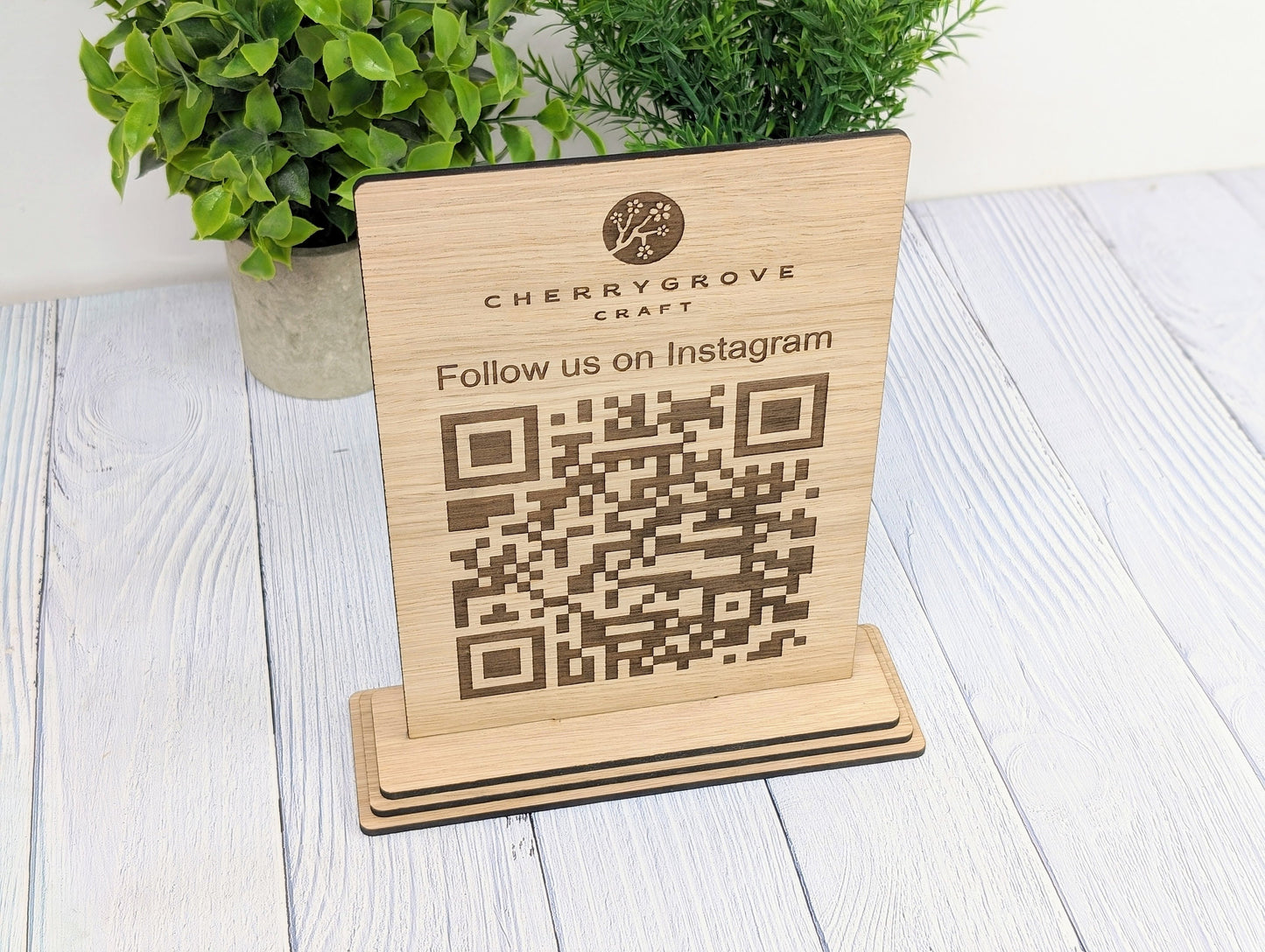 QR Code 'Follow Us on Instagram' Custom XL Wooden Table Sign, Personalised Logo & Social Media Link, Eco-Friendly, Business Use, Extra Large