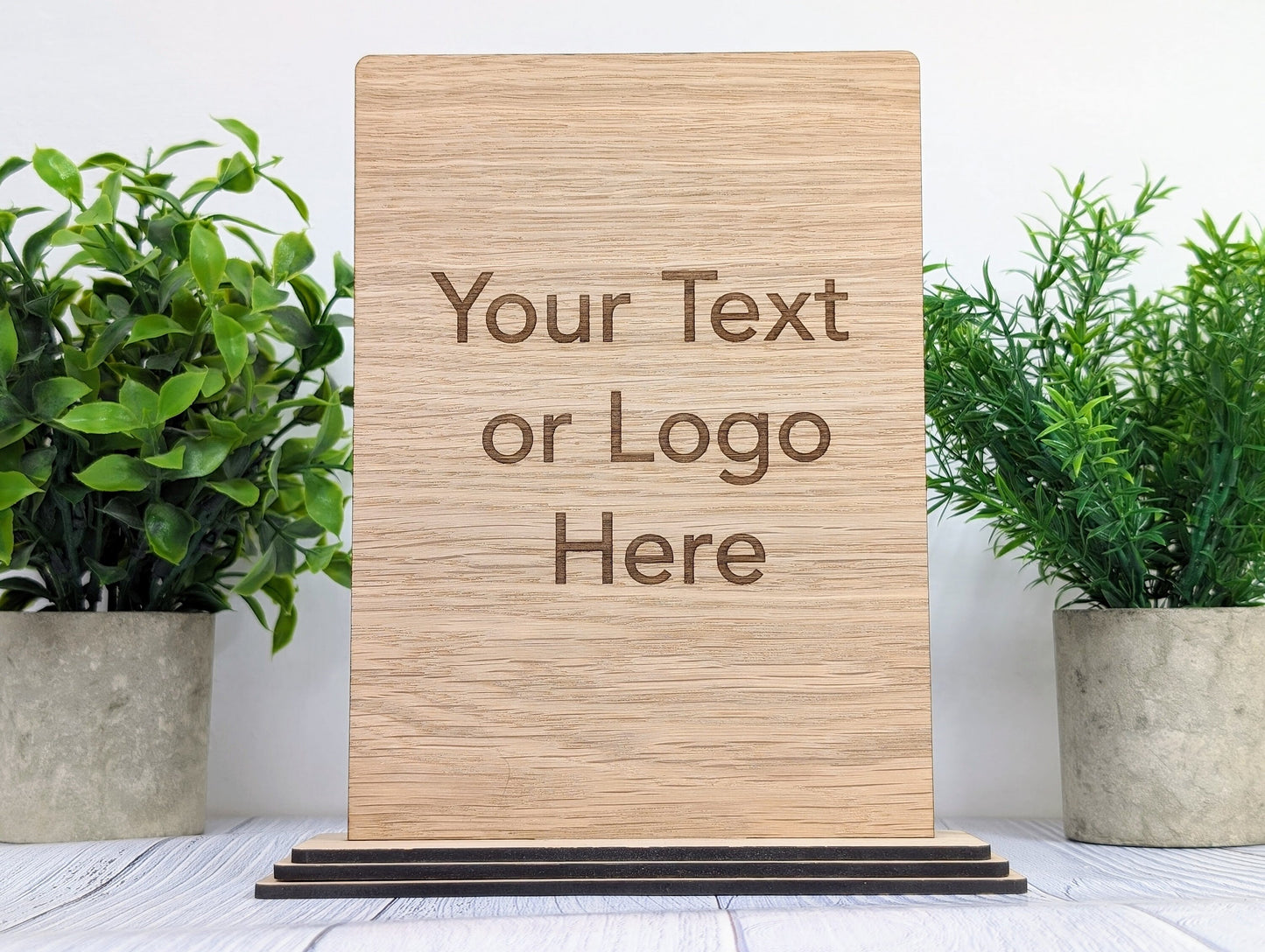 XL Personalised Wooden Table Signs - Custom Text & Logo, Freestanding with Removable Base