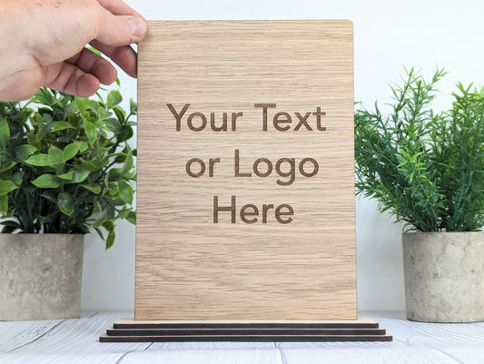 XL Personalised Wooden Table Signs - Custom Text & Logo, Freestanding with Removable Base