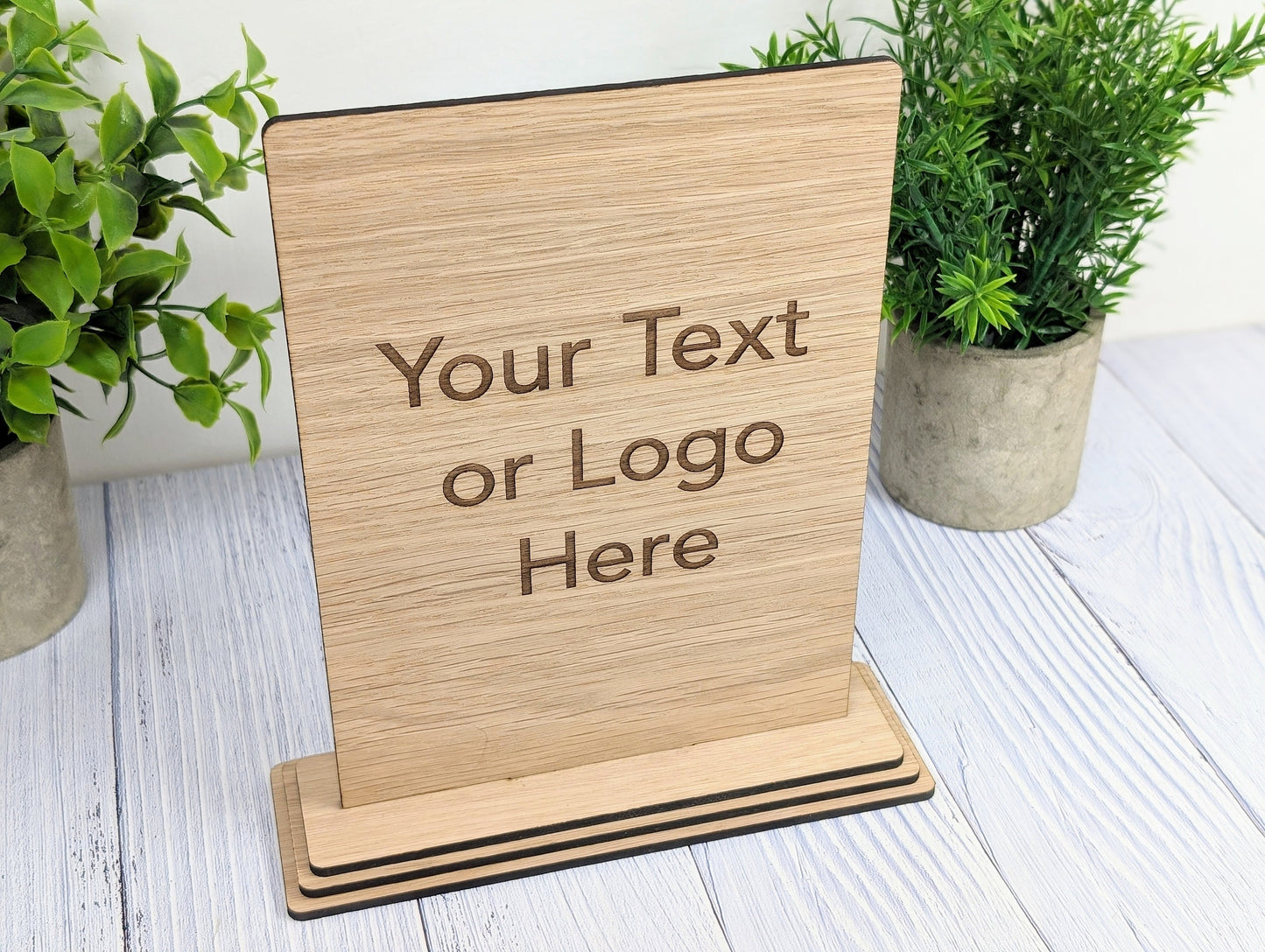 XL Personalised Wooden Table Signs - Custom Text & Logo, Freestanding with Removable Base