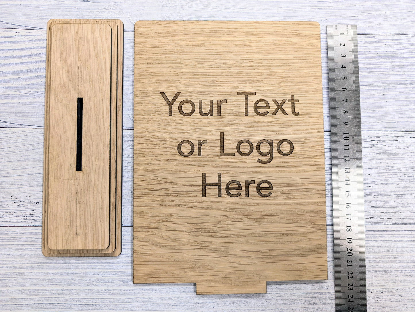 XL Personalised Wooden Table Signs - Custom Text & Logo, Freestanding with Removable Base