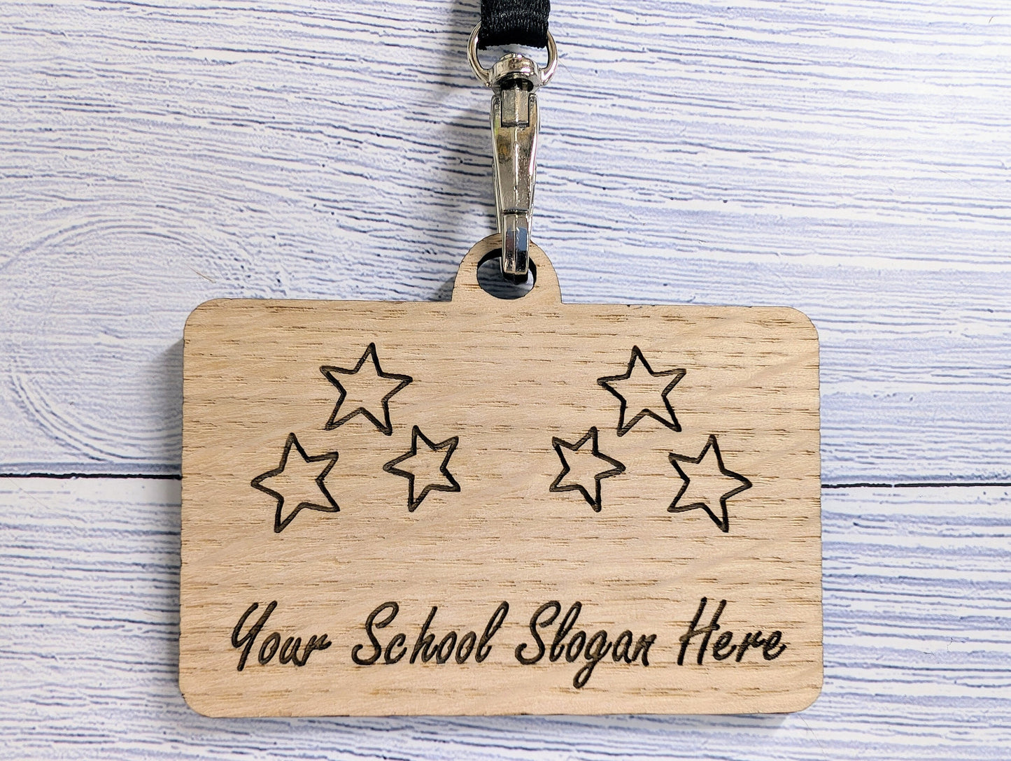 School Staff Badges with Lanyards, Personalised Slogan Oak Veneer Badges on Eco Lanyards