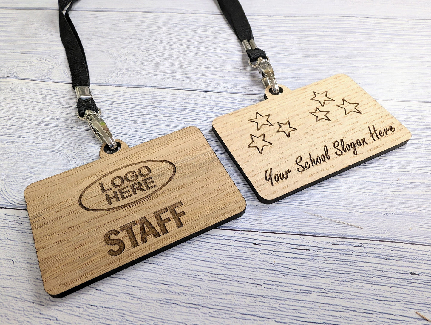 School Staff Badges with Lanyards, Personalised Slogan Oak Veneer Badges on Eco Lanyards