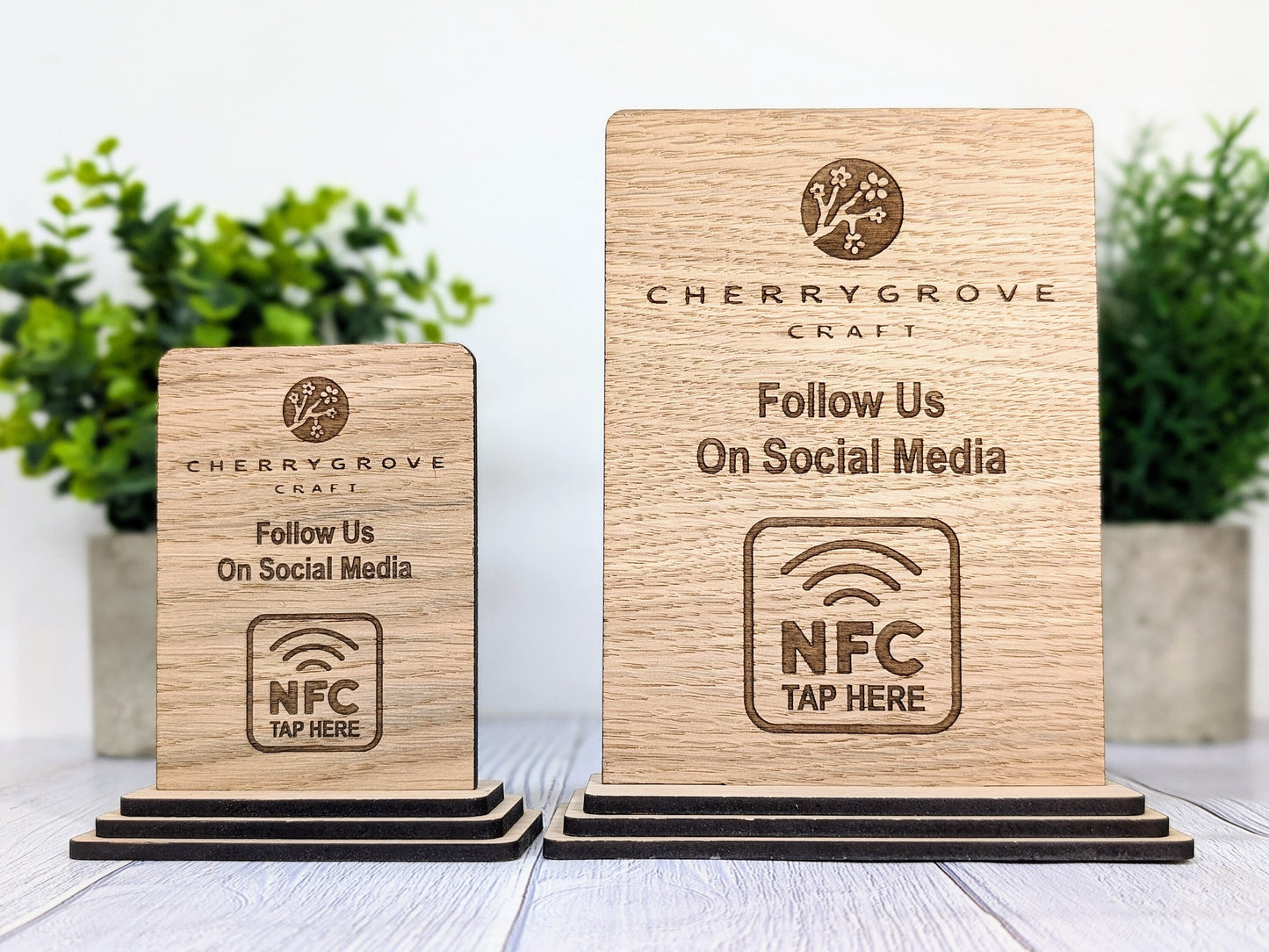 NFC 'Tap Here' Wooden Follow Us Sign - Personalised Logo, Eco-Friendly, Handmade, Social Media Link, NFC tag, 2 Sizes, Custom Signage