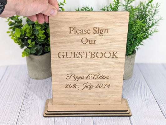 Personalised 'Please Sign Our Guestbook' XL Wooden Table Sign - Extra Large Freestanding Display, Weddings, Parties with Custom Name, Date