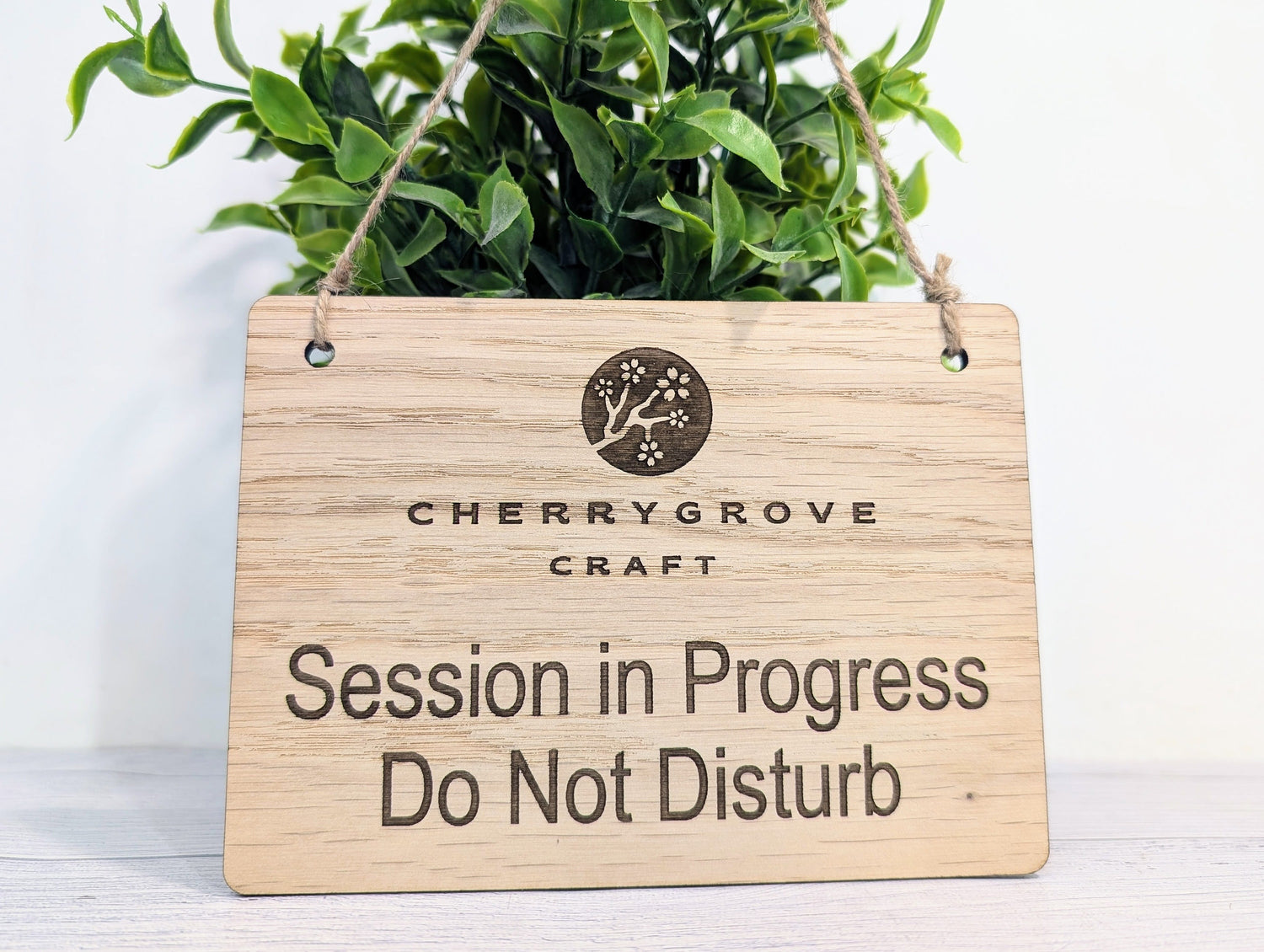 Session in Progress Do Not Disturb wooden hanging sign — oak veneered MDF, medium size, jute string