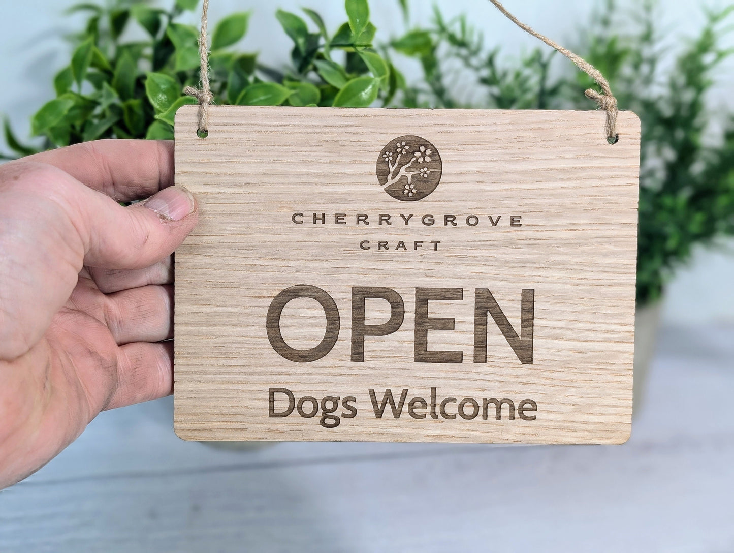 Personalised Wooden Open and Closed Dog Friendly Sign for Business - Eco-friendly 2 Sided Oak Veneered, Wood Signage, Shop Door Plaque