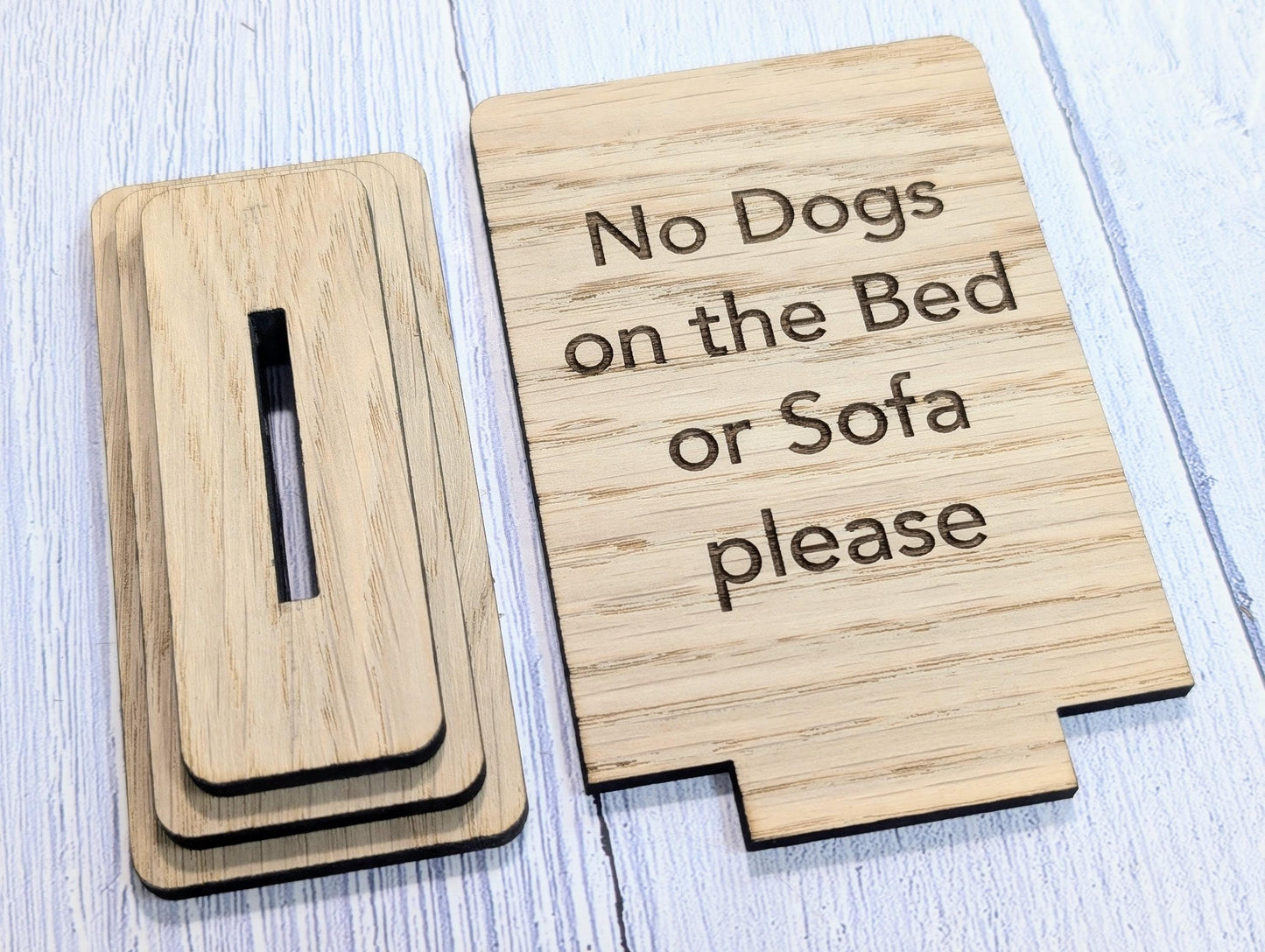 No Dogs on the Bed or Furniture Please | Personalised Wooden Sign | Two Sizes | Custom Pet Rules Freestanding Table Sign | Removable Base