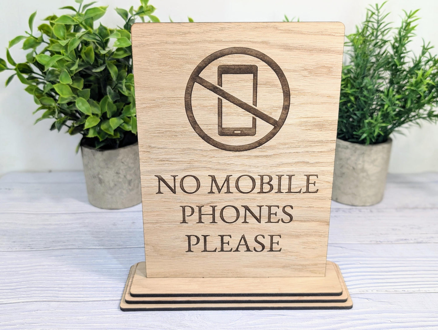 No Mobile Phones Please | XL Size | Stylish and Professional | Custom Wooden Business Table Sign | Eco-Friendly