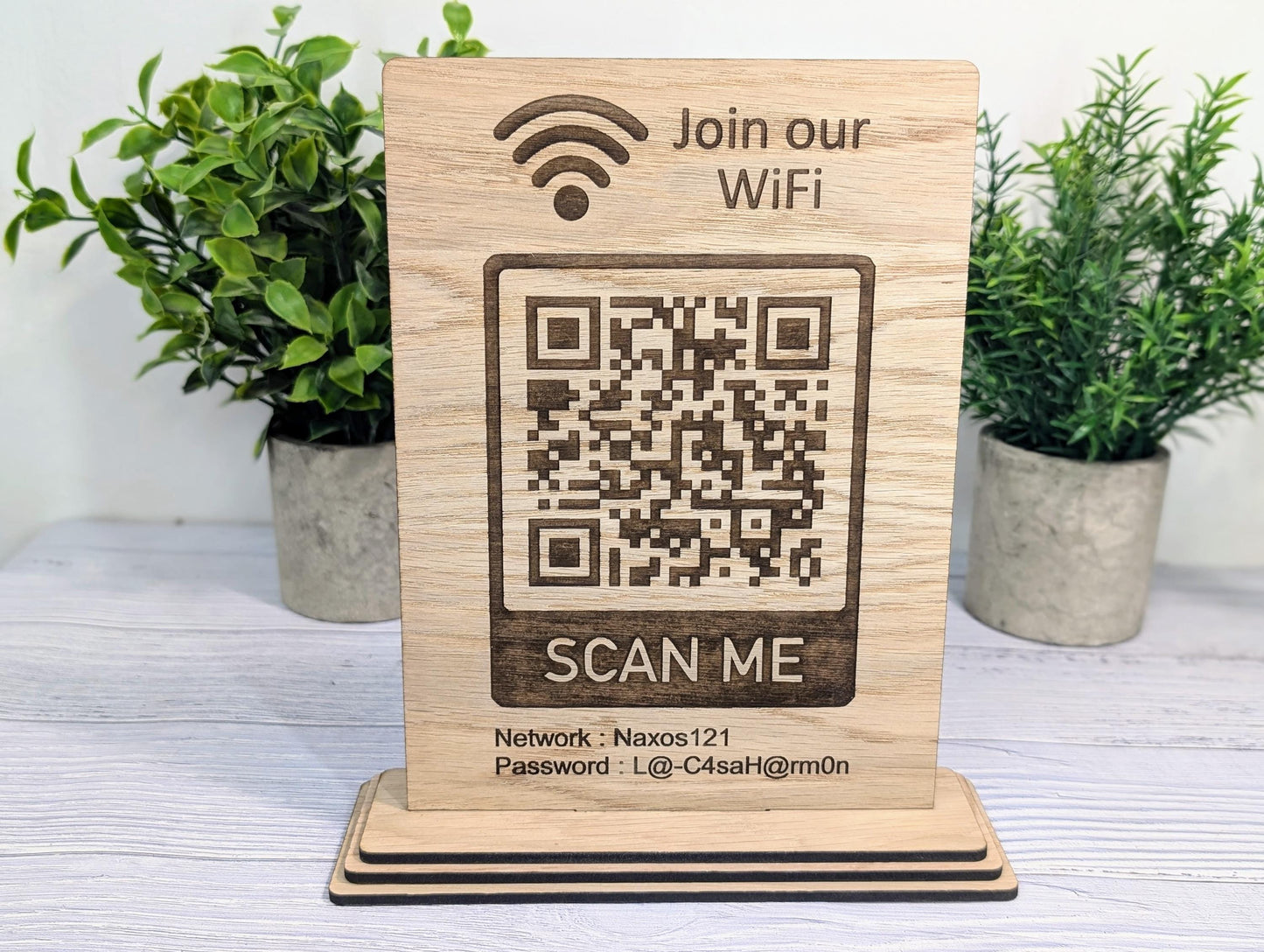 Wooden WiFi QR Code Sign, XL Size, Eco-Friendly Custom Network Name and Password Table Display, Single or Double-Sided, Businesses or Homes