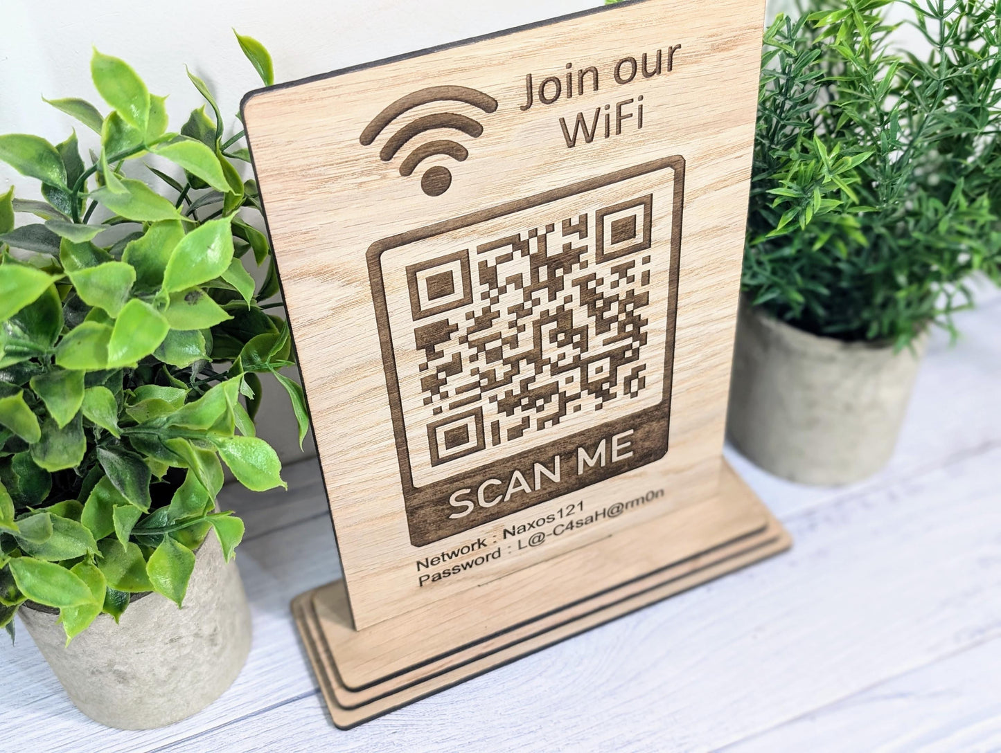 Wooden WiFi QR Code Sign, XL Size, Eco-Friendly Custom Network Name and Password Table Display, Single or Double-Sided, Businesses or Homes