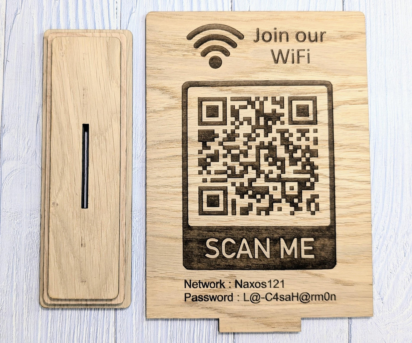 Wooden WiFi QR Code Sign, XL Size, Eco-Friendly Custom Network Name and Password Table Display, Single or Double-Sided, Businesses or Homes