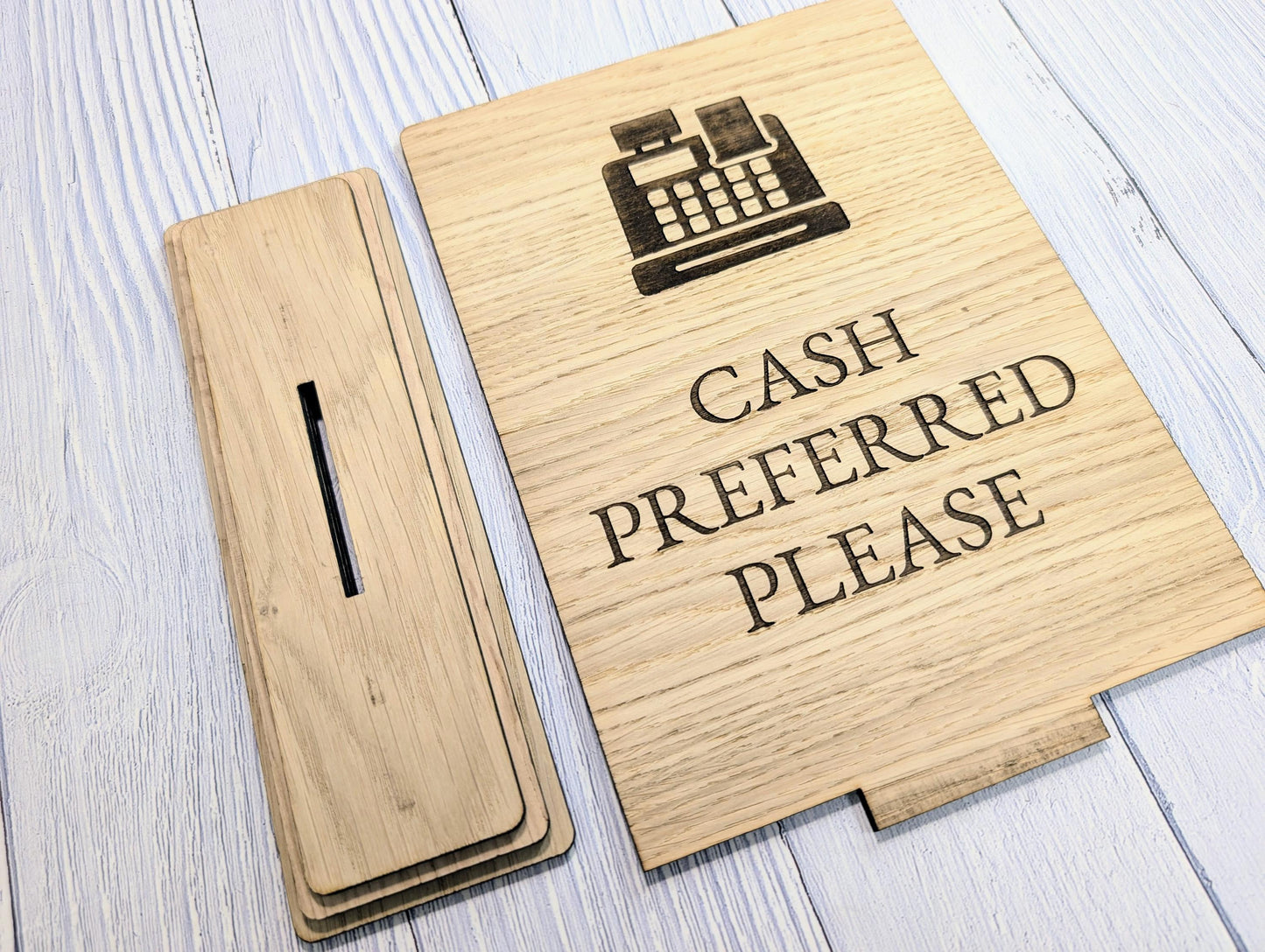 Wooden Freestanding Table Sign 'Cash Preferred' - Perfect for Shops, Cafés, Markets – XL Size - Removable Base, Shop Signage