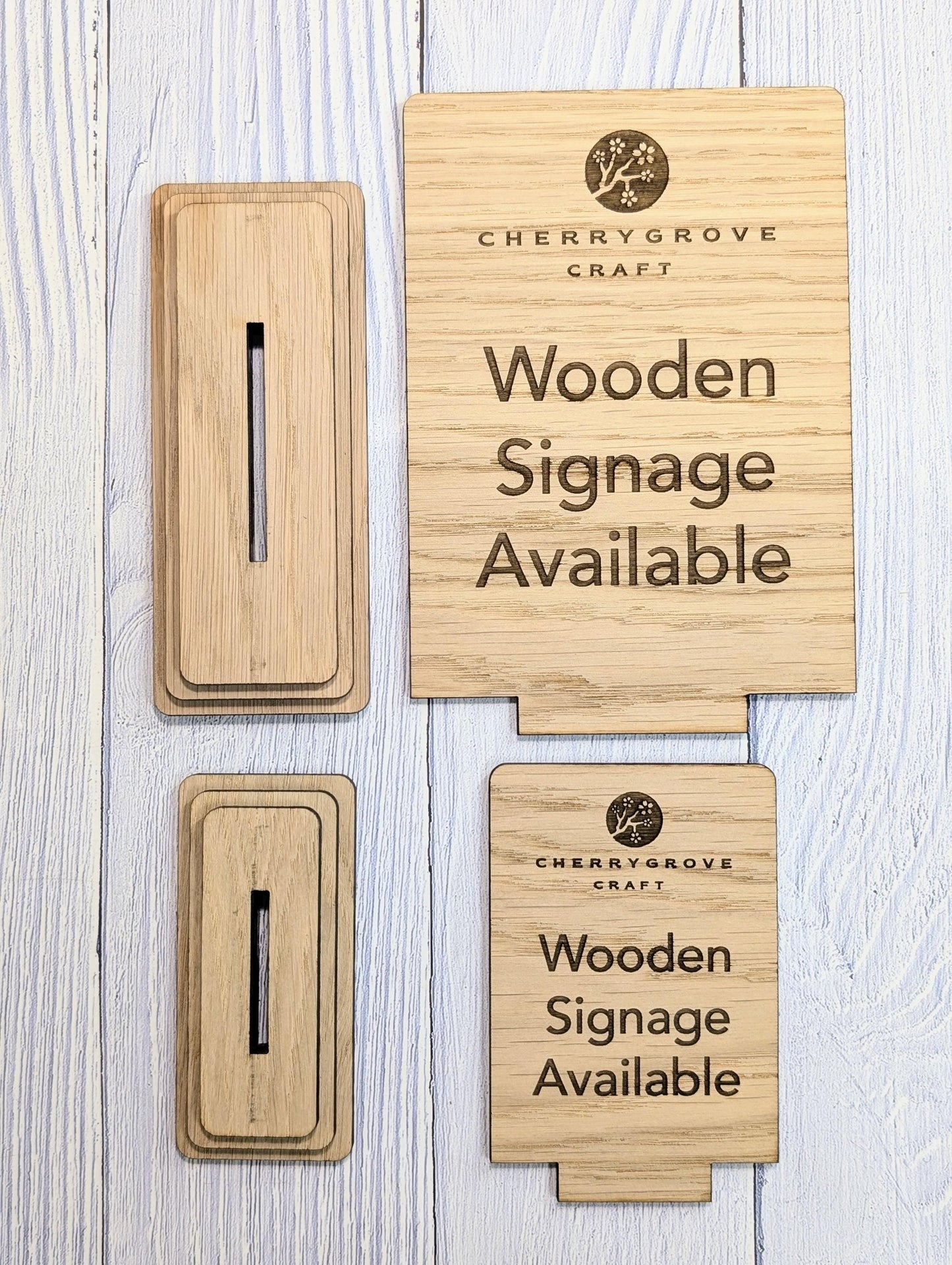 Personalised Wooden Freestanding Table Signs - Custom Text & Logo, Two Sizes