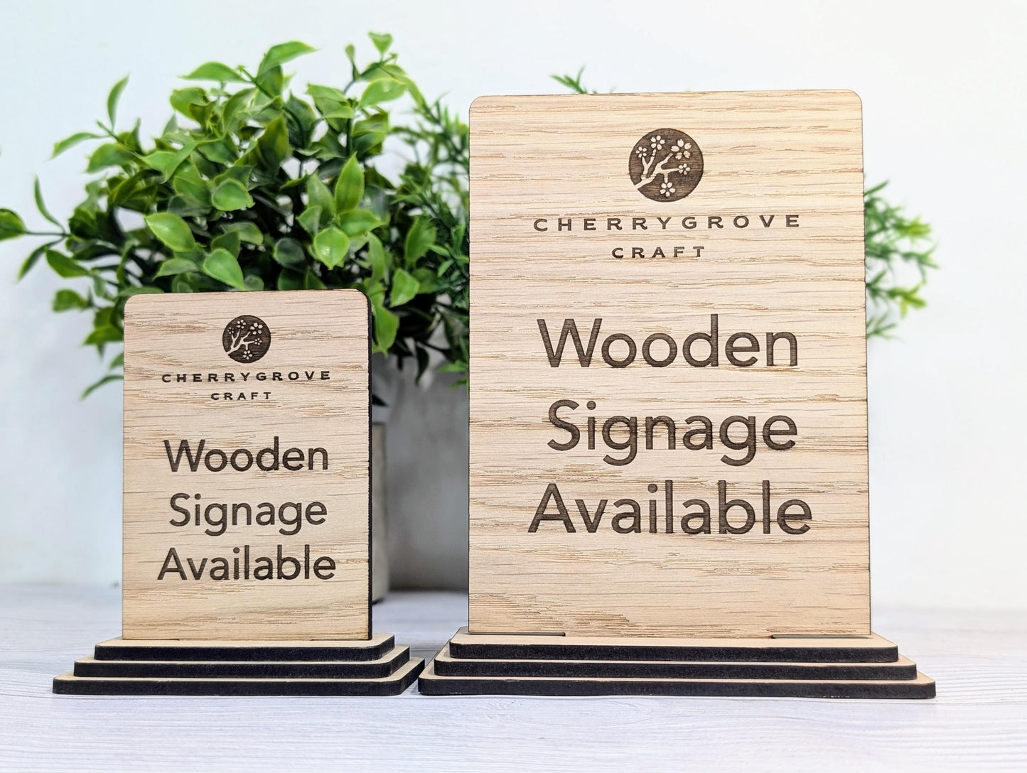 Personalised Wooden Freestanding Table Signs - Custom Text & Logo, Two Sizes