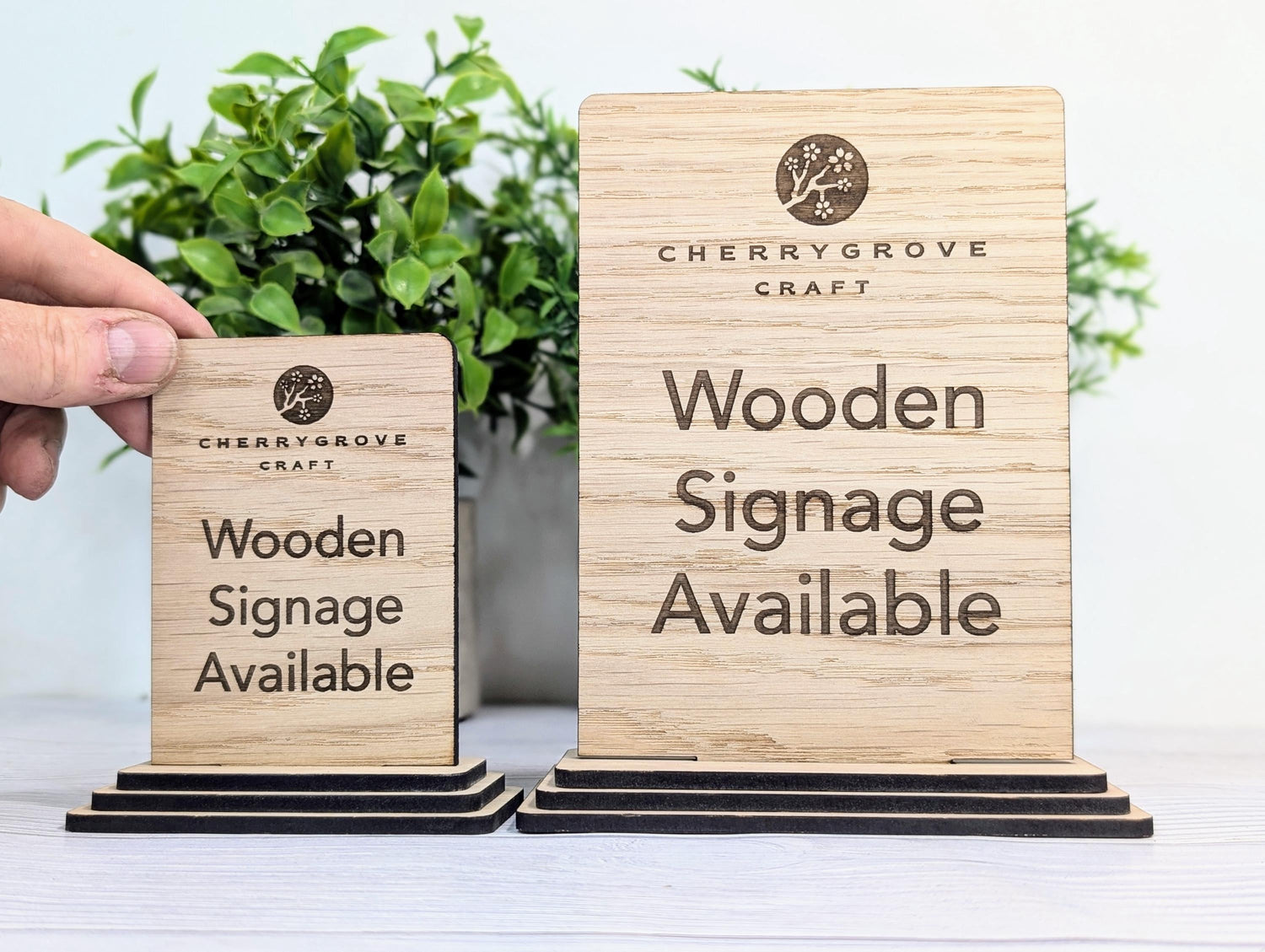Personalised wooden freestanding table sign — oak veneer with custom text and logo