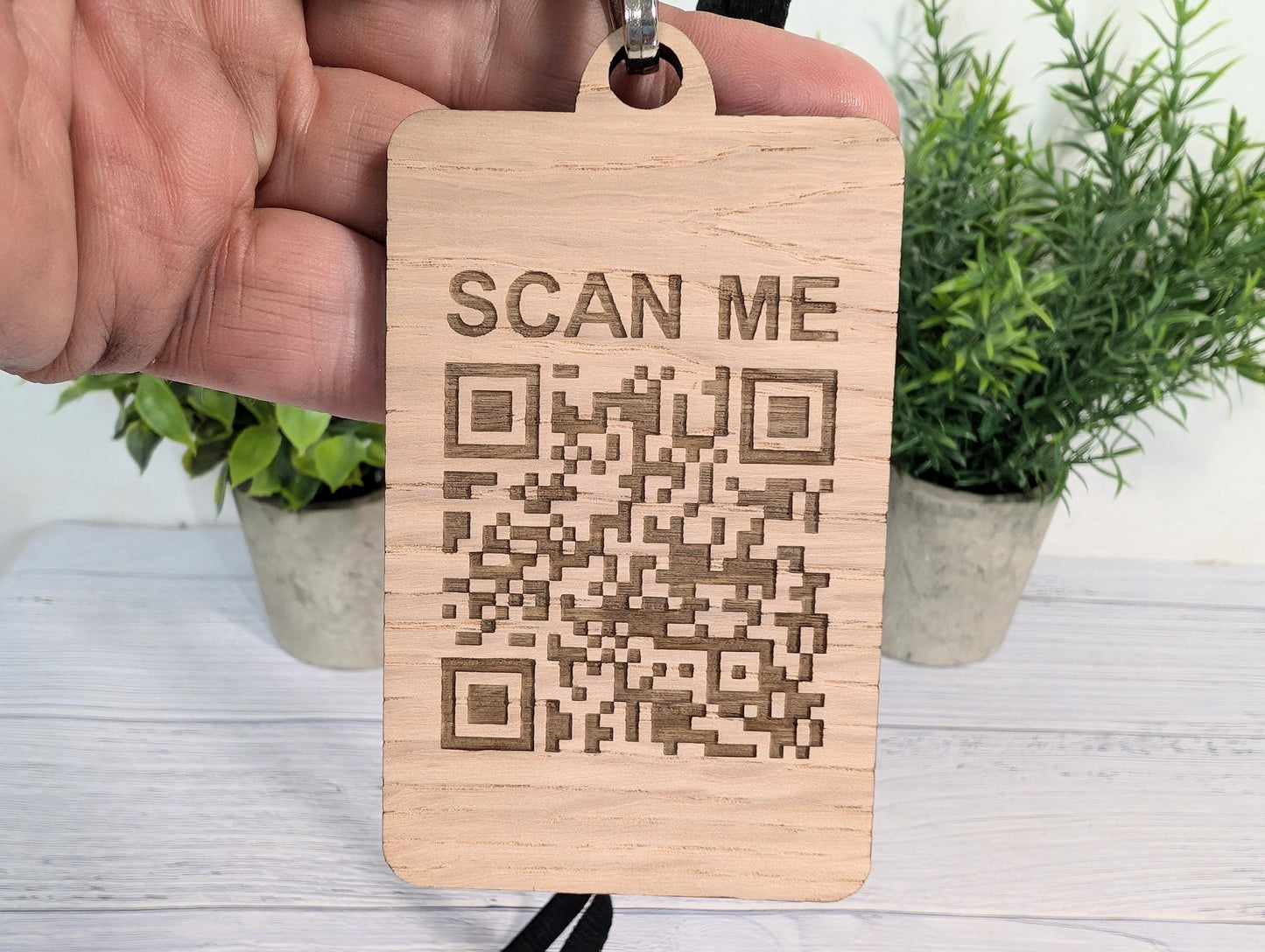 QR Code Name Badges, Double Sided, Eco Lanyards, Personalised Oak Veneer Staff Name Badges on Eco Lanyards - Custom Badges, Staff Tags, Logo