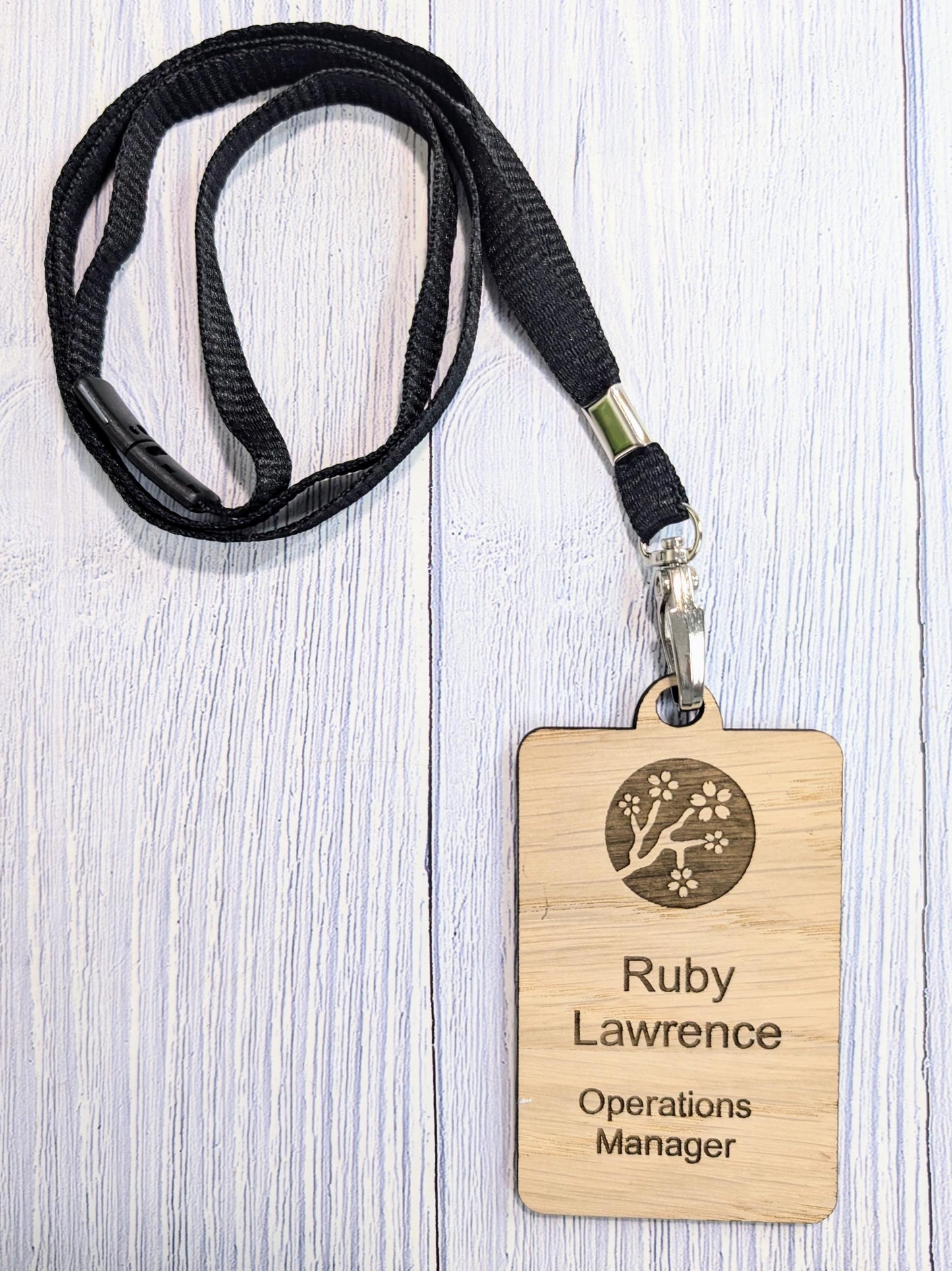 QR Code Name Badges, Double Sided, Eco Lanyards, Personalised Oak Veneer Staff Name Badges on Eco Lanyards - Custom Badges, Staff Tags, Logo