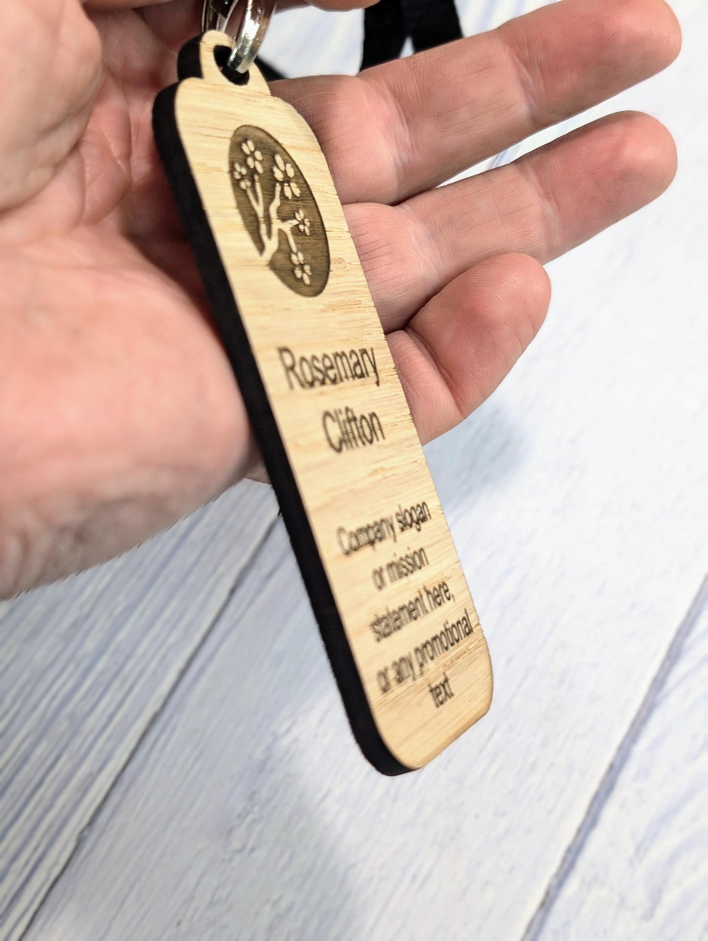 Wooden Slim Name Badges with Lanyards, Personalised Oak Eco Friendly Staff Tags, Holder, Lanyards - Add Your Logo & Slogan, Bulk Discounts