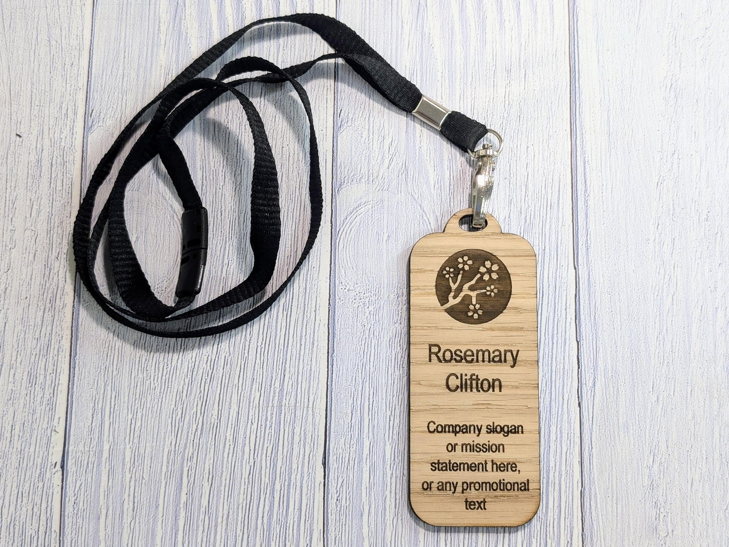 Wooden Slim Name Badges with Lanyards, Personalised Oak Eco Friendly Staff Tags, Holder, Lanyards - Add Your Logo & Slogan, Bulk Discounts