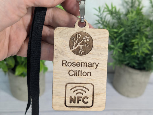 Interactive NFC Wooden Portrait Name Badges with Eco Lanyards - Personalised Name, Company, NFC Link, Logo - Event, Exhibition Badges