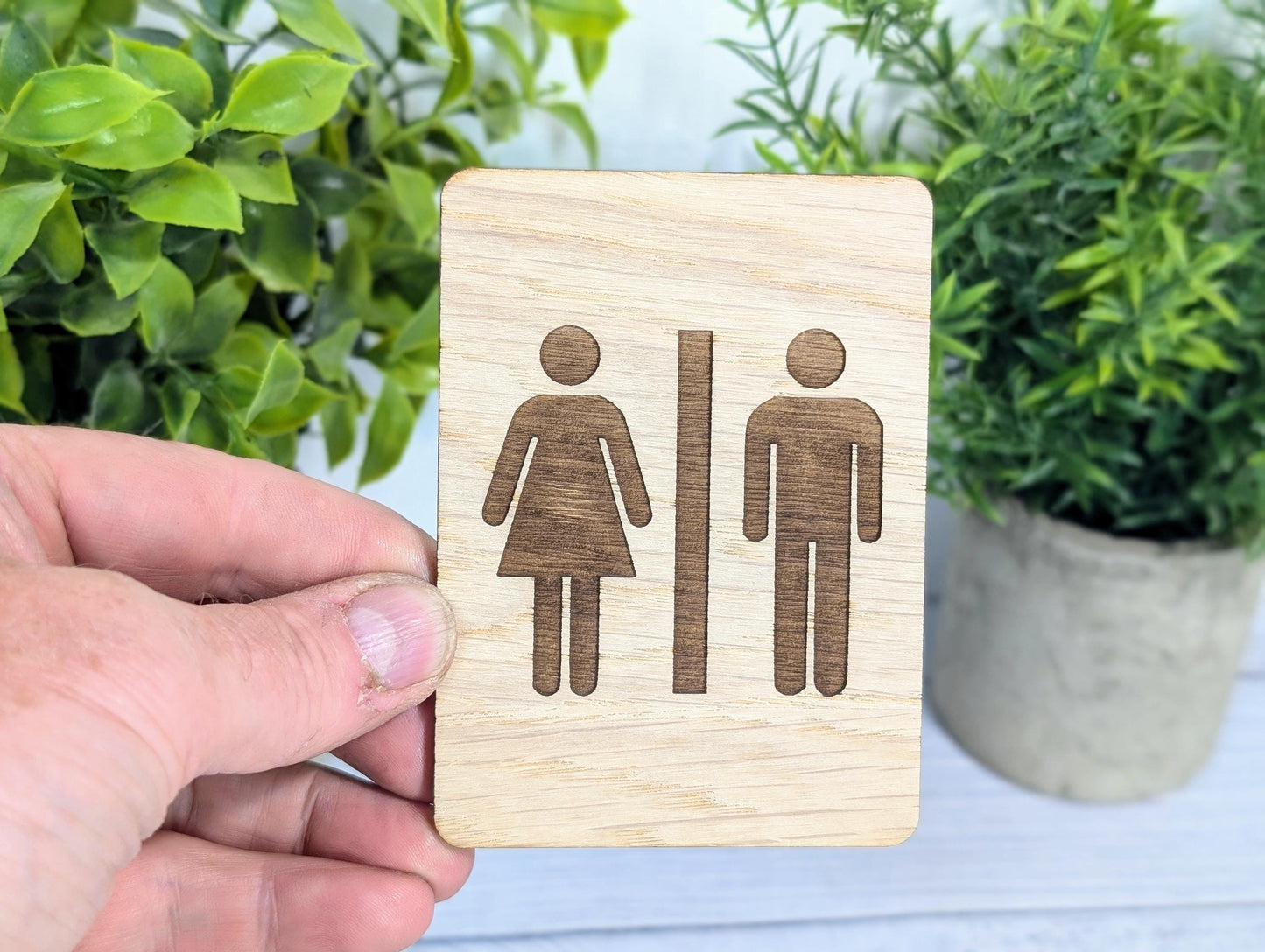 Wooden Toilet Sign Male Female | Engraved Oak | Bathroom Door Plaque in 4 Sizes | Oak Veneered MDF Restroom Sign for Home or Business