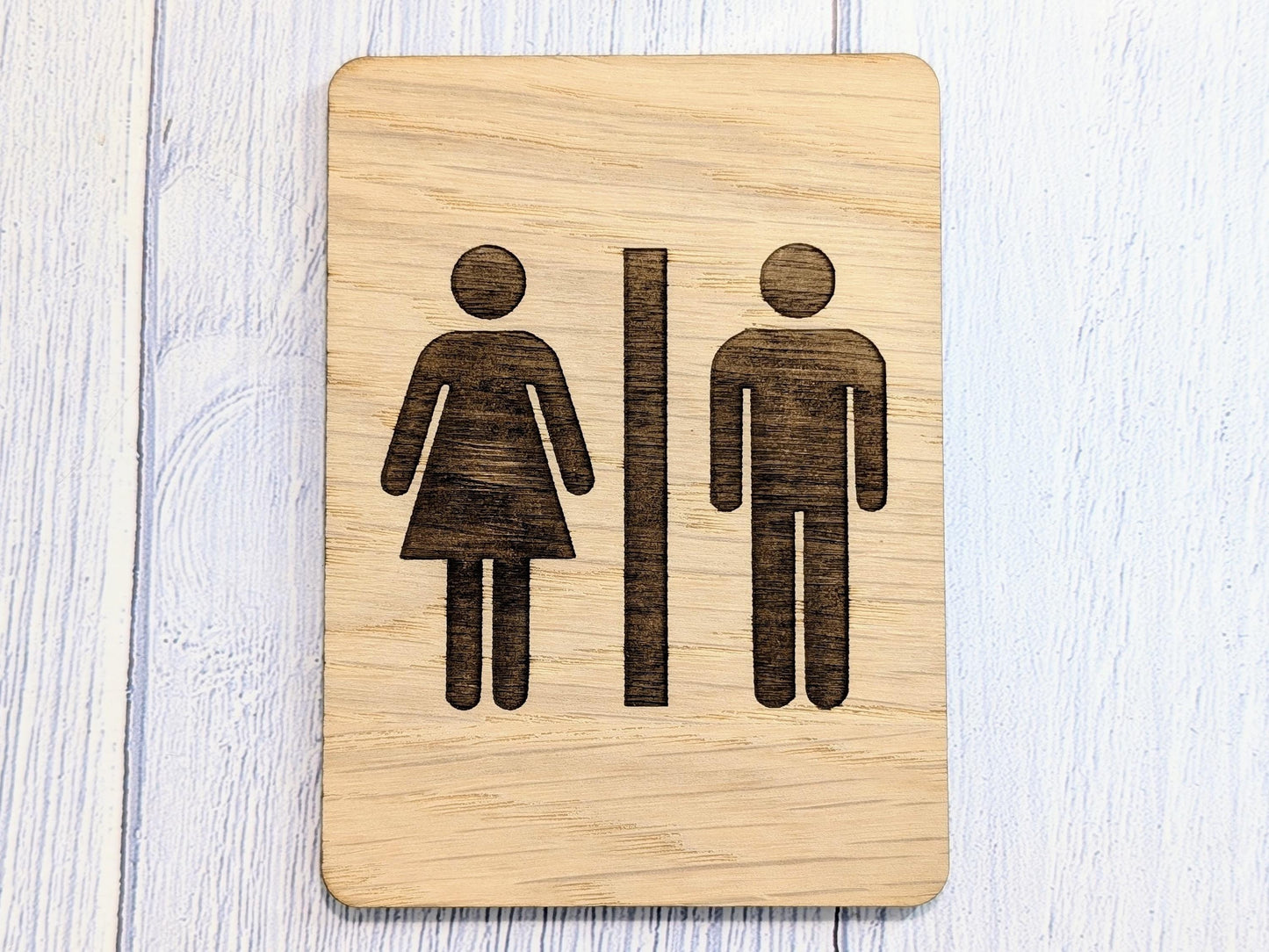 Wooden Toilet Sign Male Female | Engraved Oak | Bathroom Door Plaque in 4 Sizes | Oak Veneered MDF Restroom Sign for Home or Business