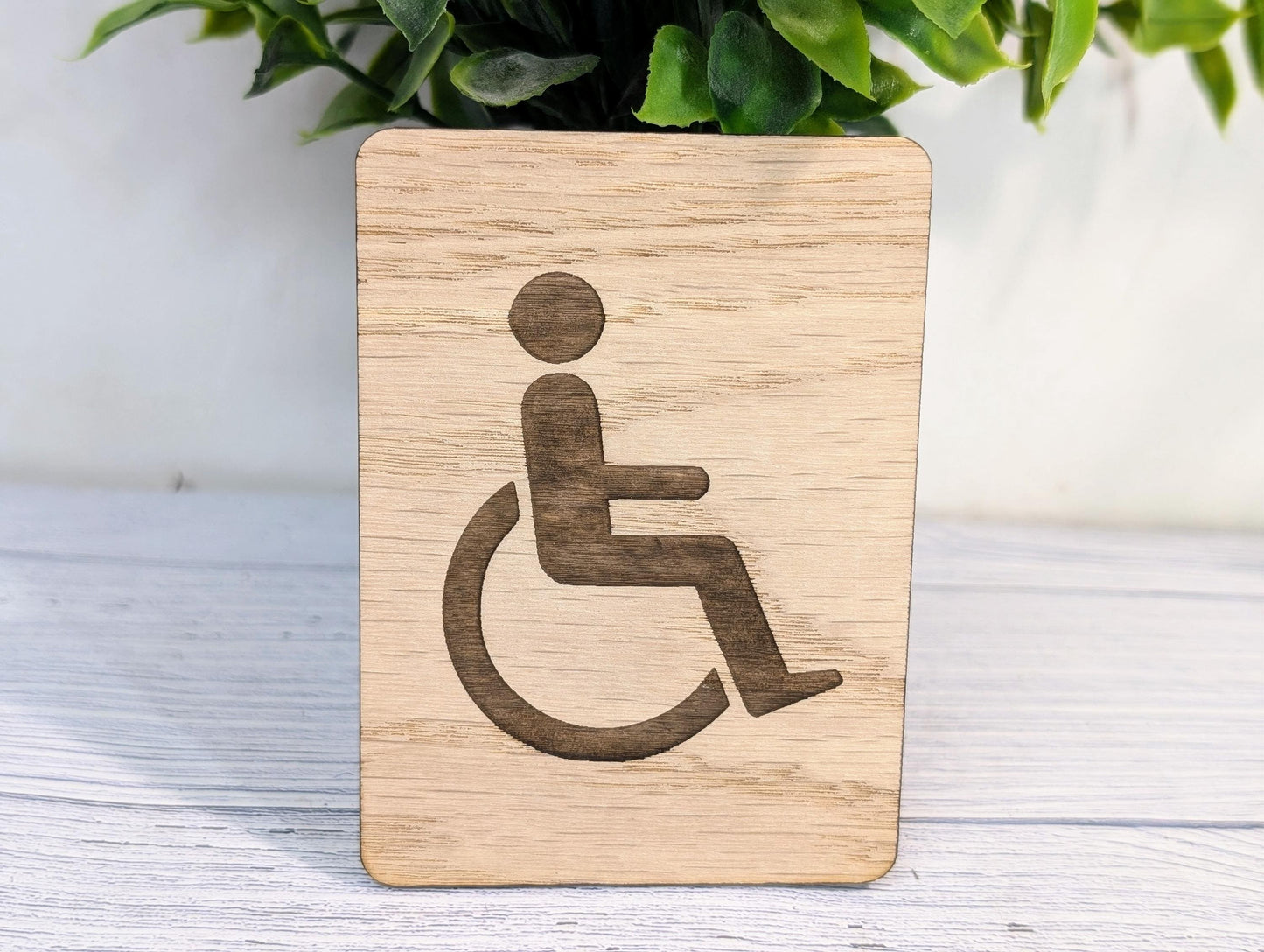 Wooden Accessible Toilet Sign Wheelchair Silhouette | Engraved Oak Restroom Door Plaque in 4 Sizes | Home or Business